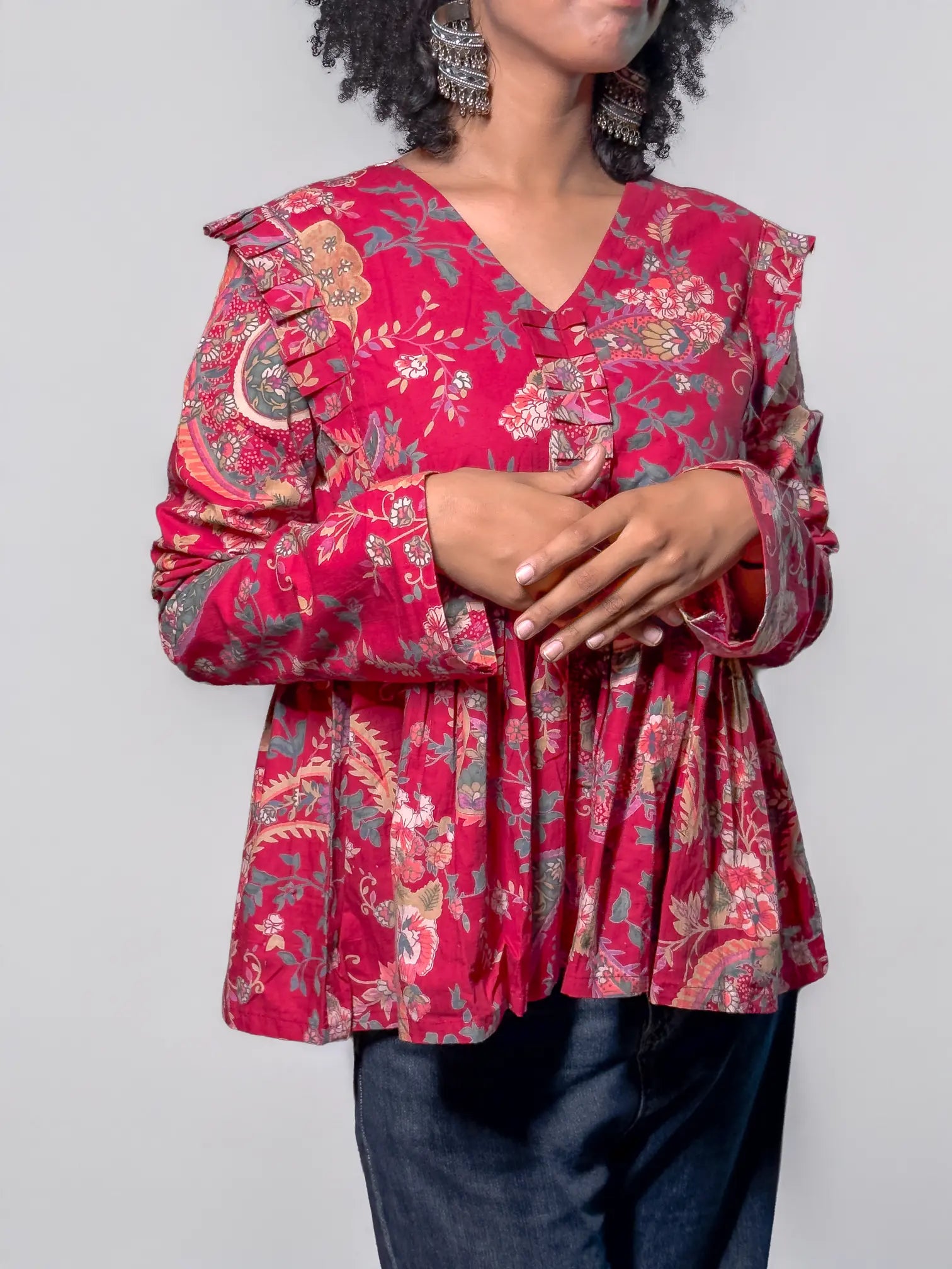 Crimson Ruffled Floral Top with Vintage Print Detailing