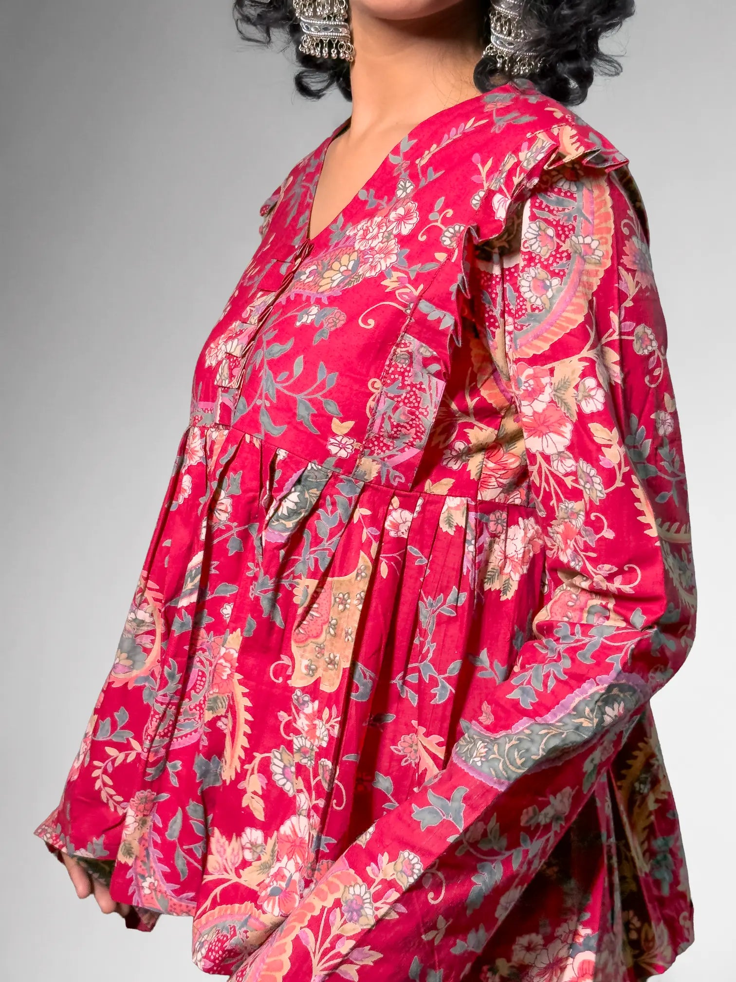Crimson Ruffled Floral Top with Vintage Print Detailing