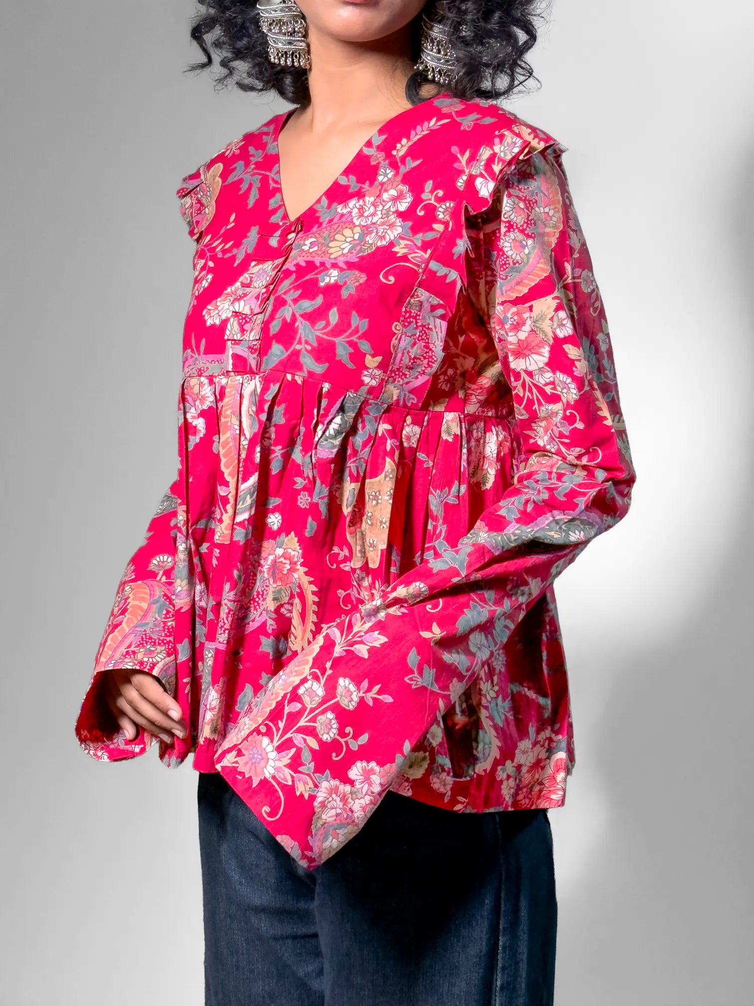 Crimson Ruffled Floral Top with Vintage Print Detailing