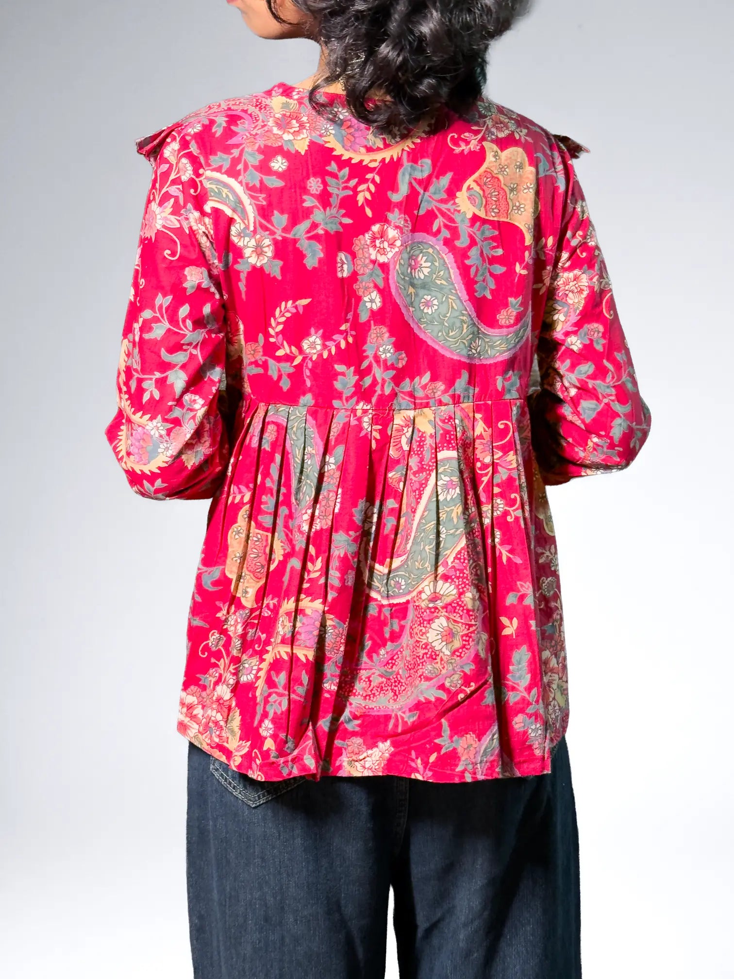 Crimson Ruffled Floral Top with Vintage Print Detailing