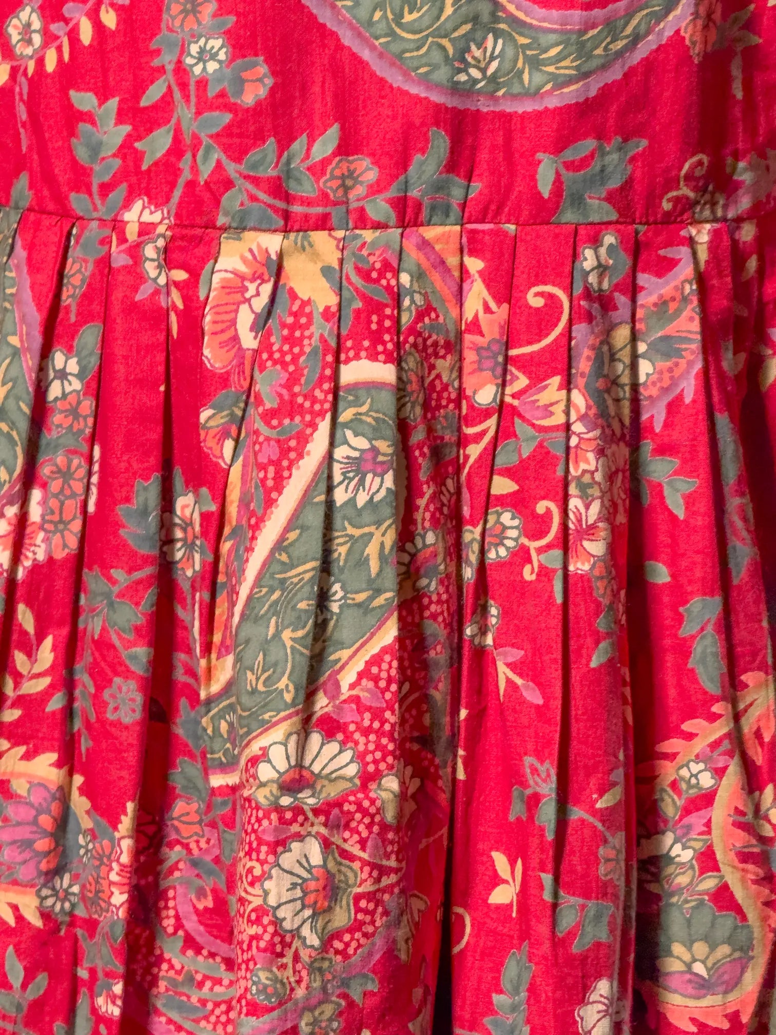 Crimson Ruffled Floral Top with Vintage Print Detailing