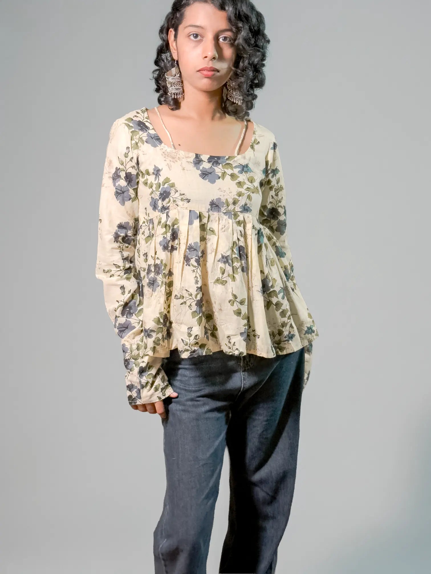 Beige Floral Peplum Top with Contrast Strap Detailing