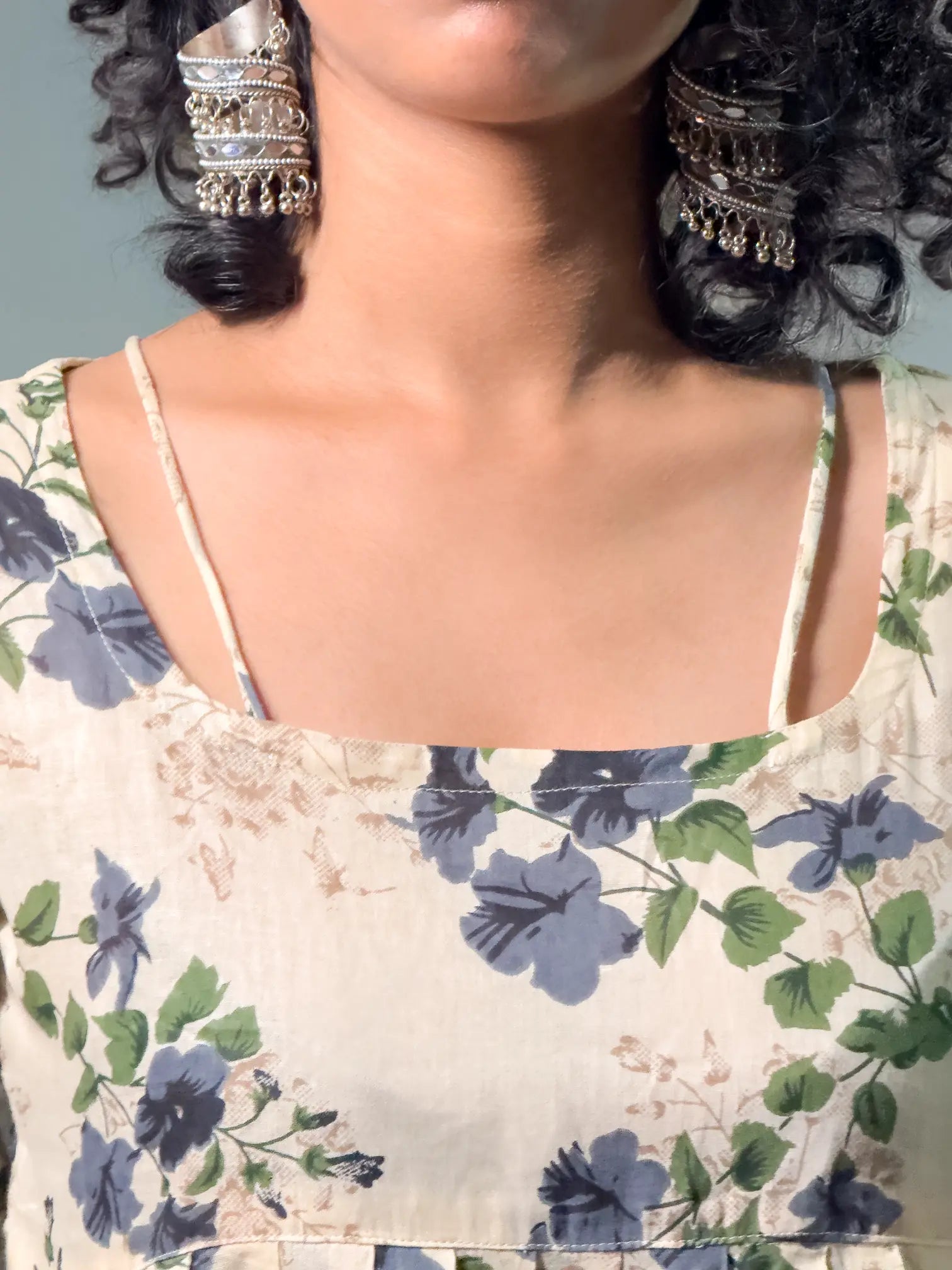 Beige Floral Peplum Top with Contrast Strap Detailing