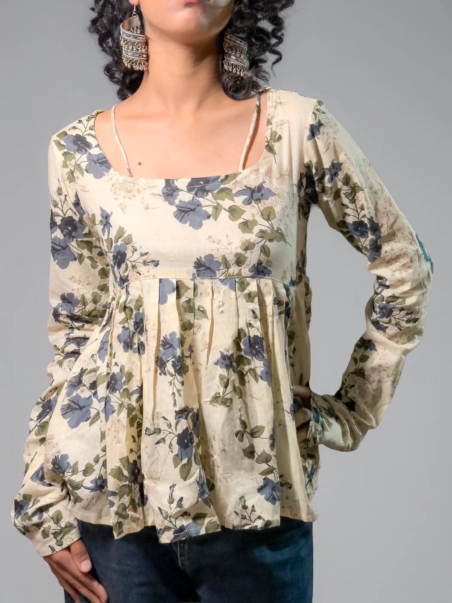 Beige Floral Peplum Top with Contrast Strap Detailing