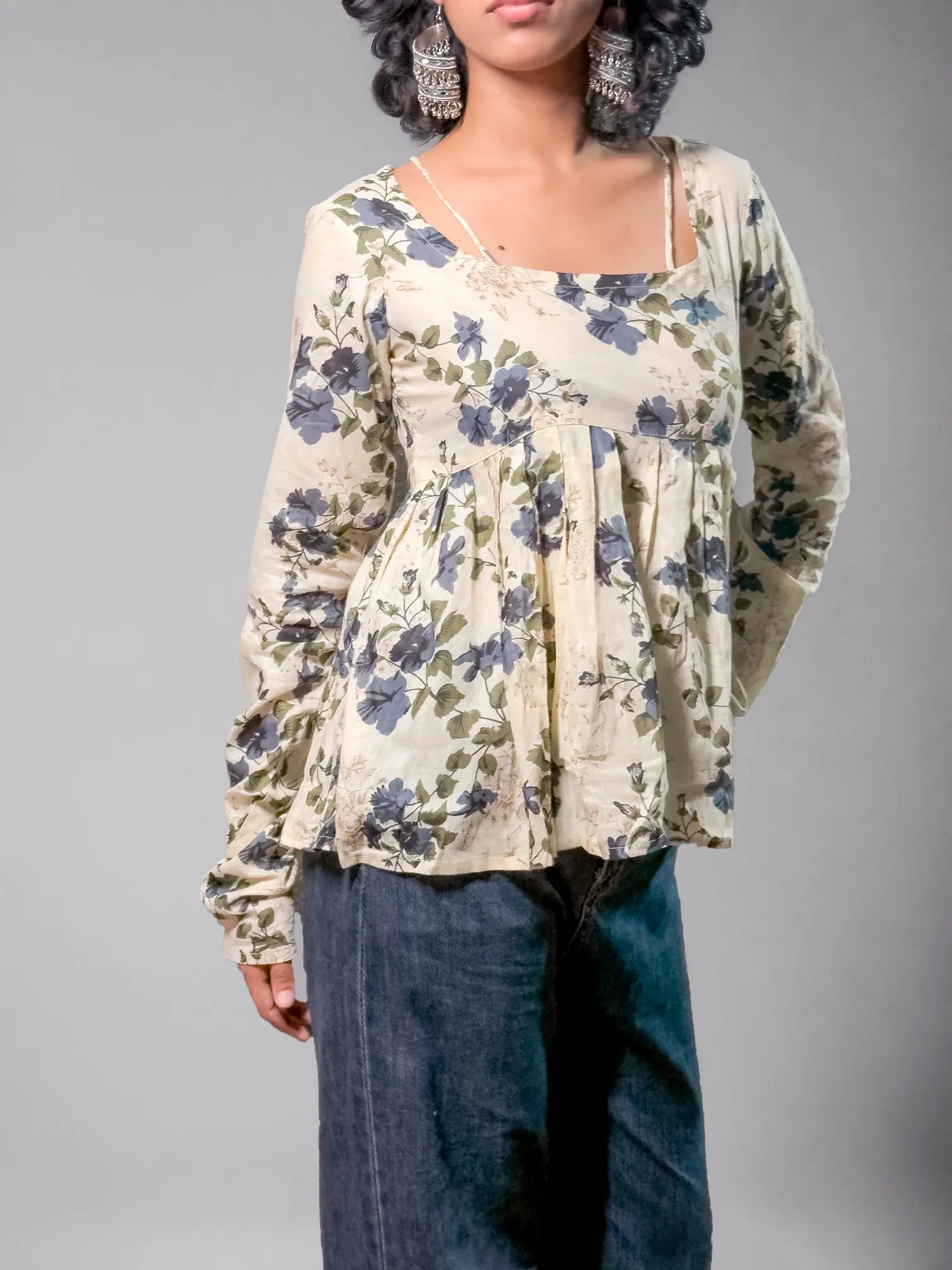 Beige Floral Peplum Top with Contrast Strap Detailing