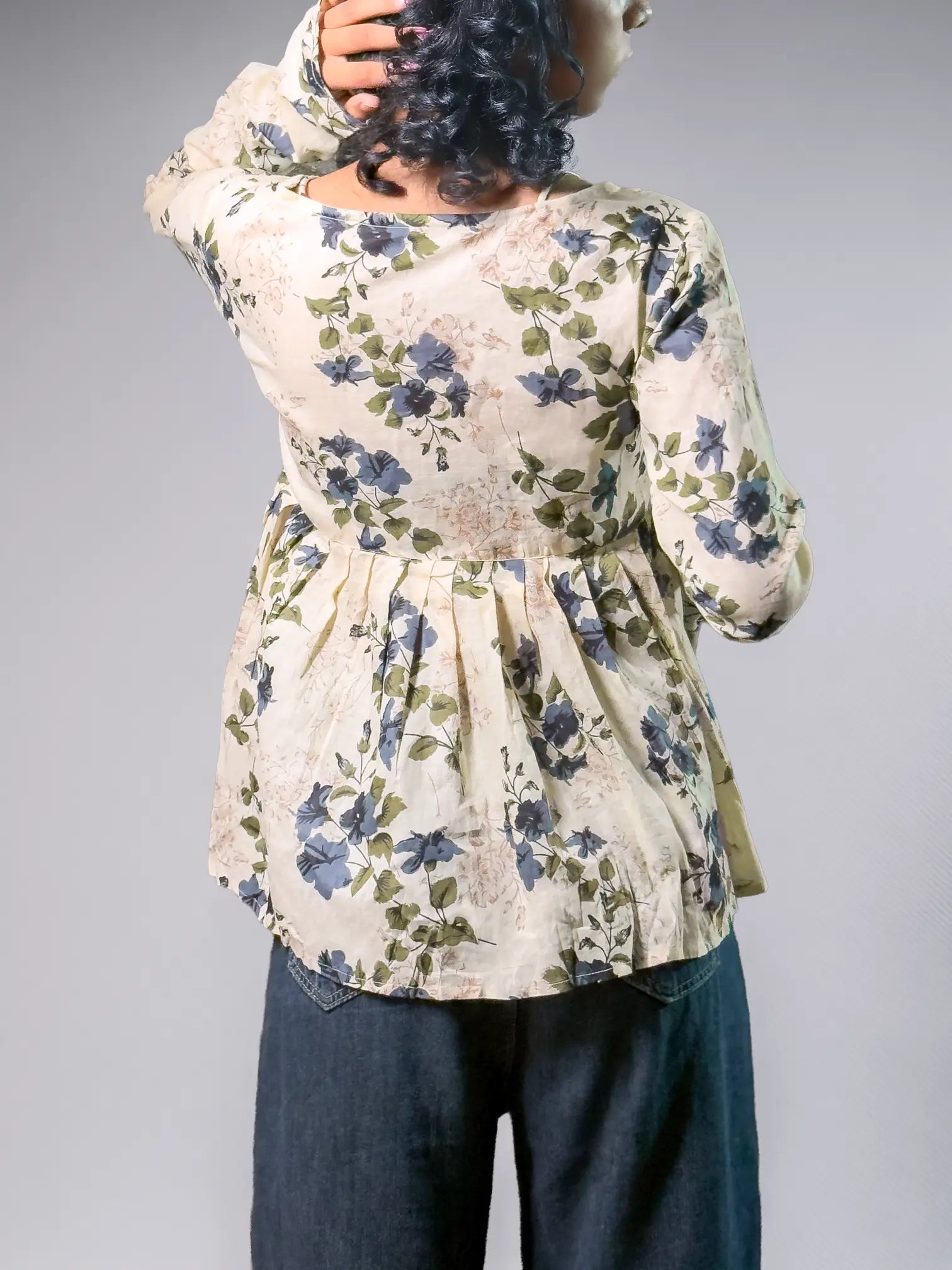 Beige Floral Peplum Top with Contrast Strap Detailing