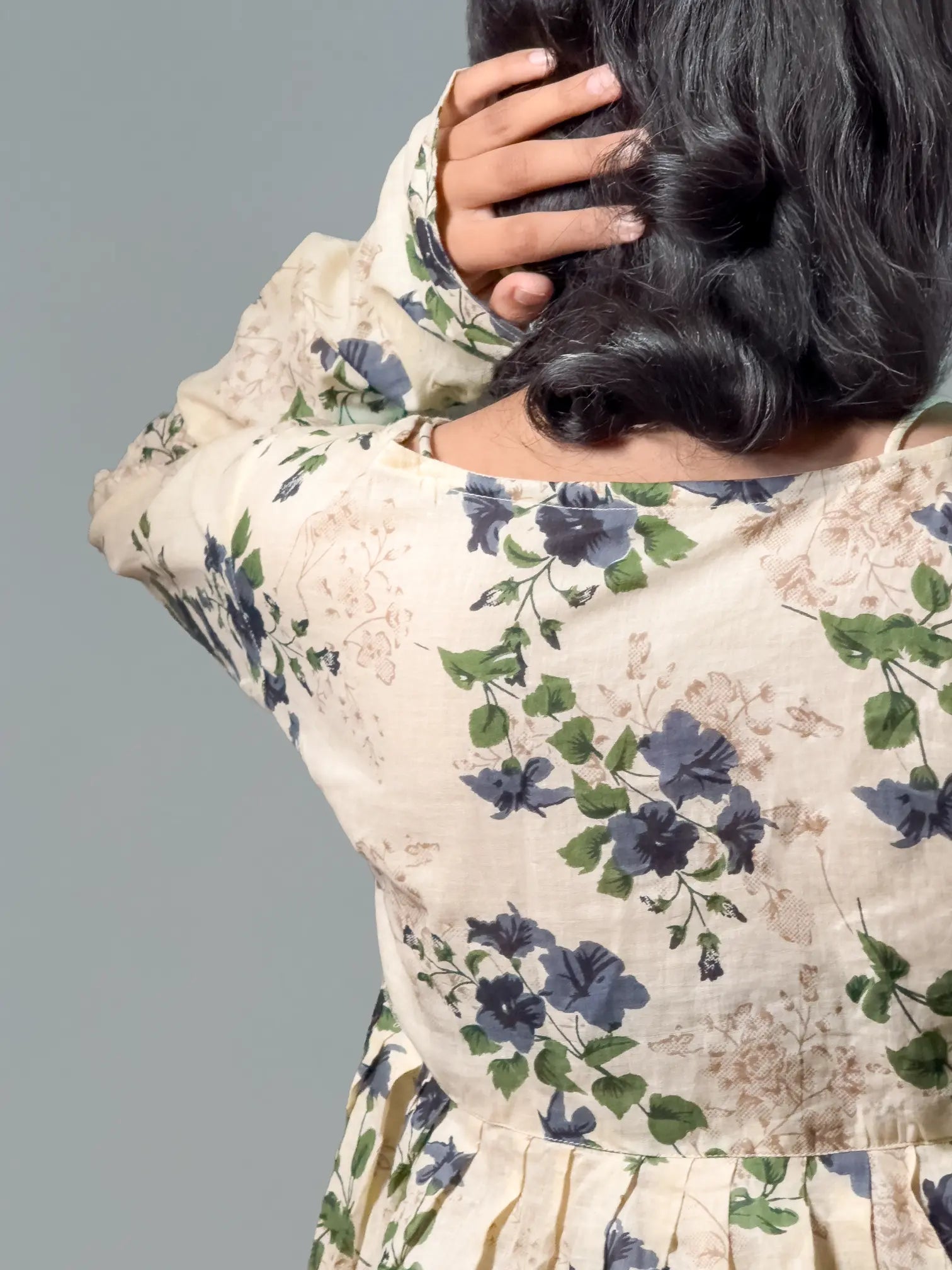 Beige Floral Peplum Top with Contrast Strap Detailing