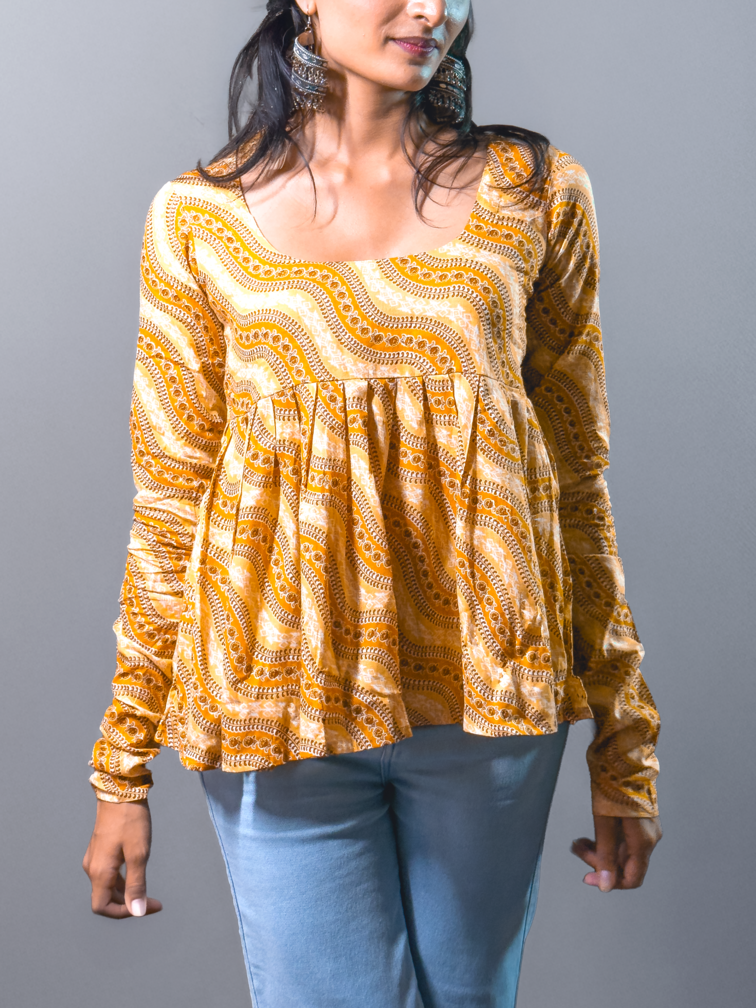 Sunset Mustard Block Print Gathered Top  (AL-SS1-25-1000)