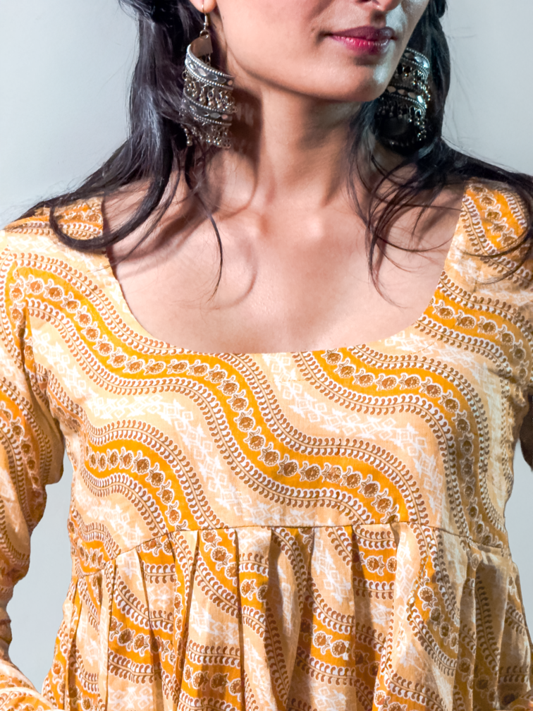 Sunset Mustard Block Print Gathered Top  (AL-SS1-25-1000)