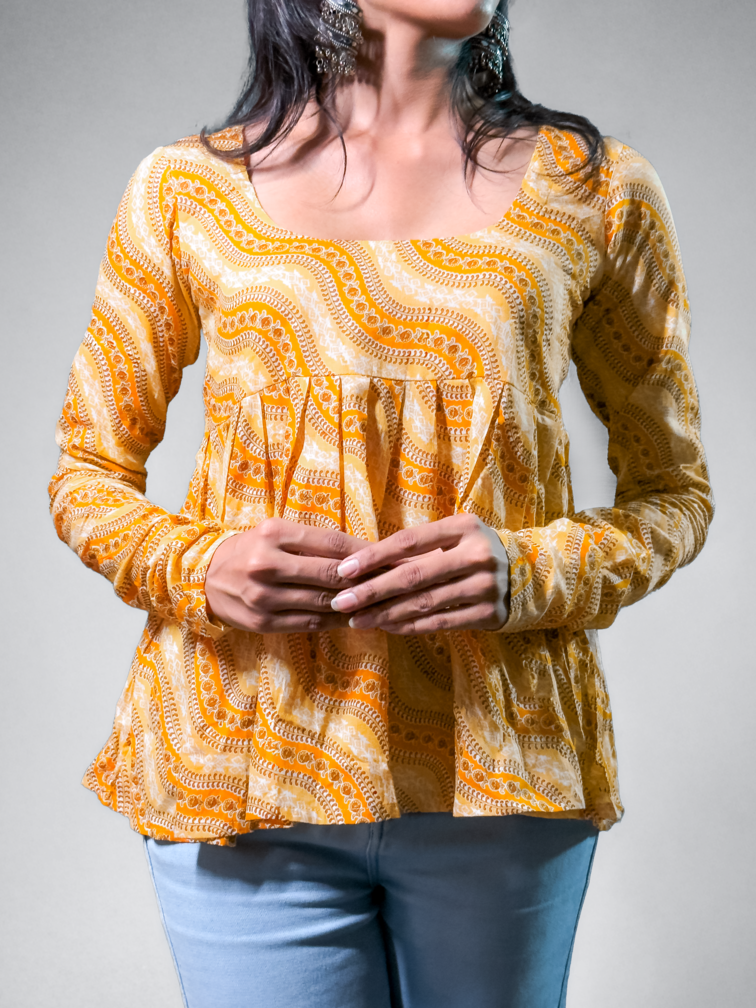 Sunset Mustard Block Print Gathered Top  (AL-SS1-25-1000)