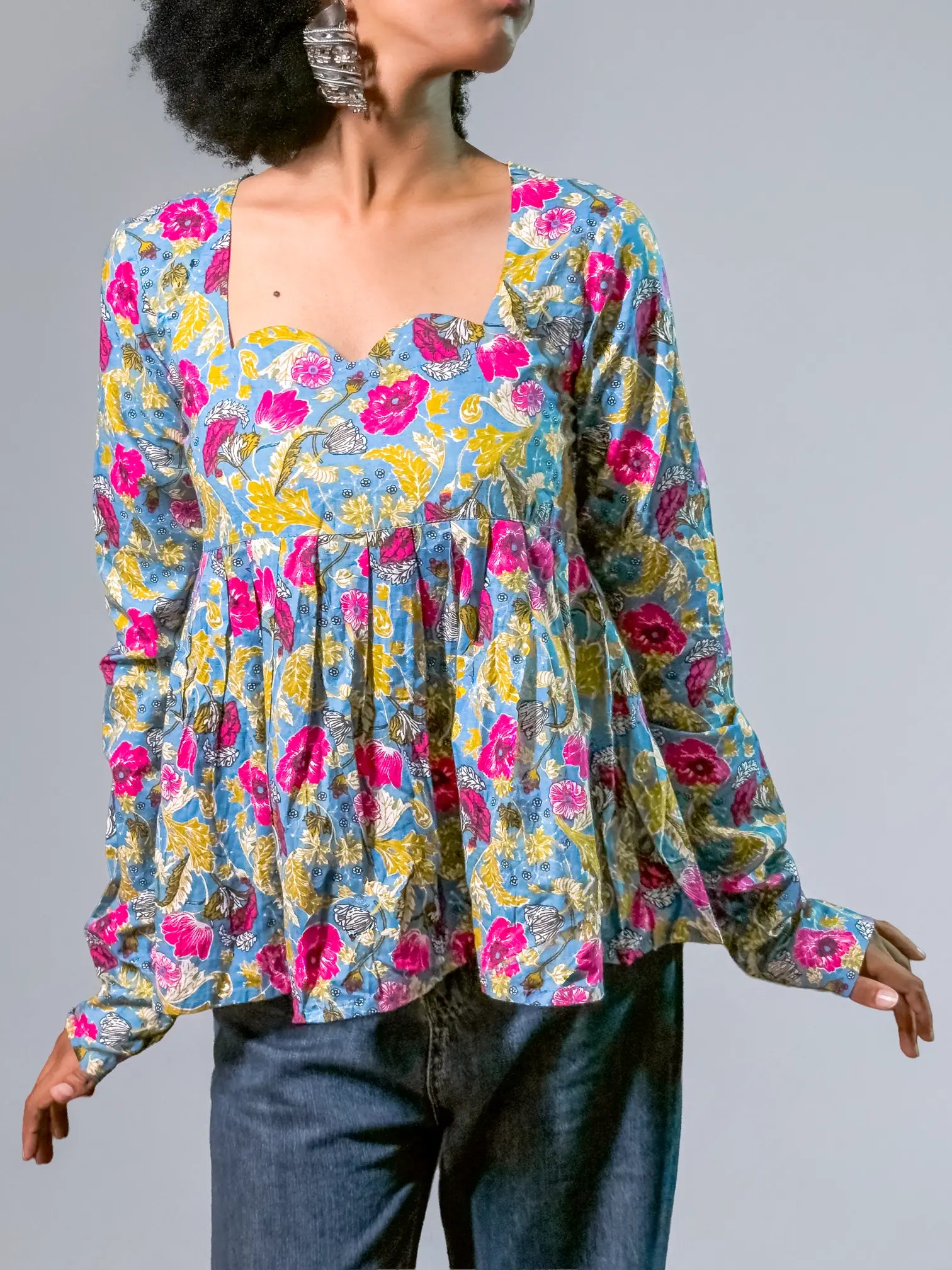 Blue Floral Sweetheart Cotton Kurta