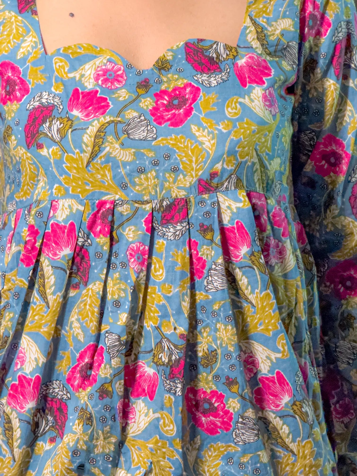Blue Floral Sweetheart Cotton Kurta