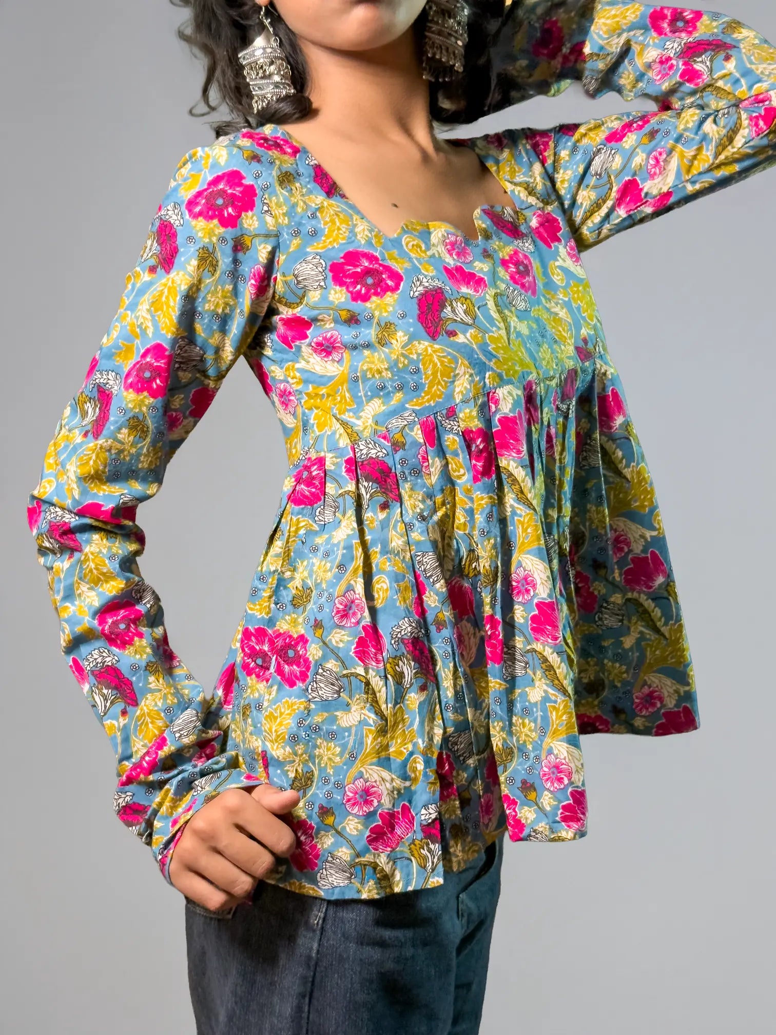 Blue Floral Sweetheart Cotton Kurta