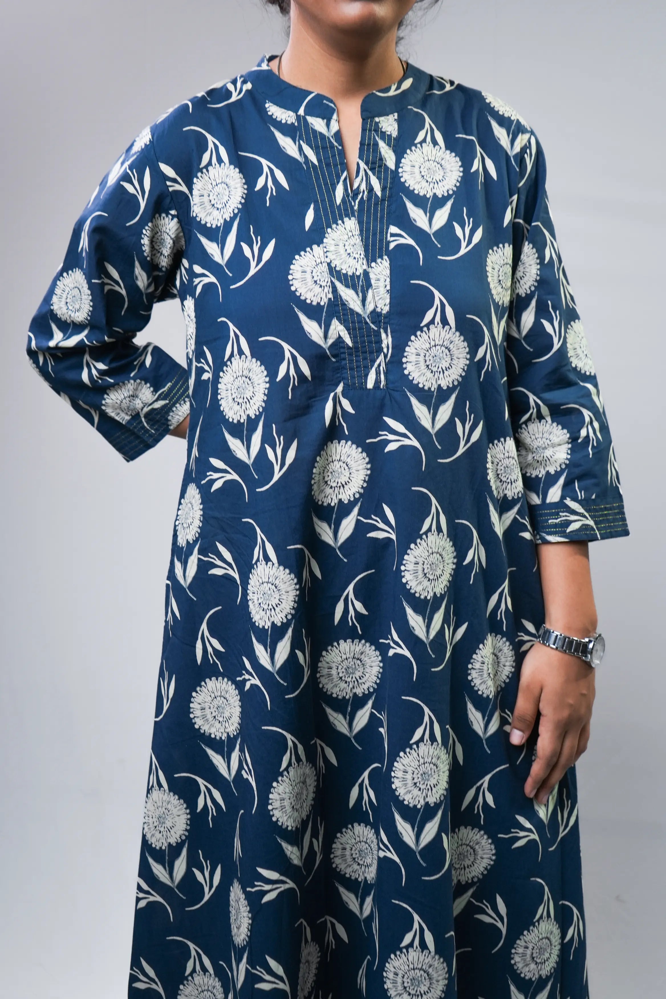 Navy Blue A-Line Floral Kurta Set
