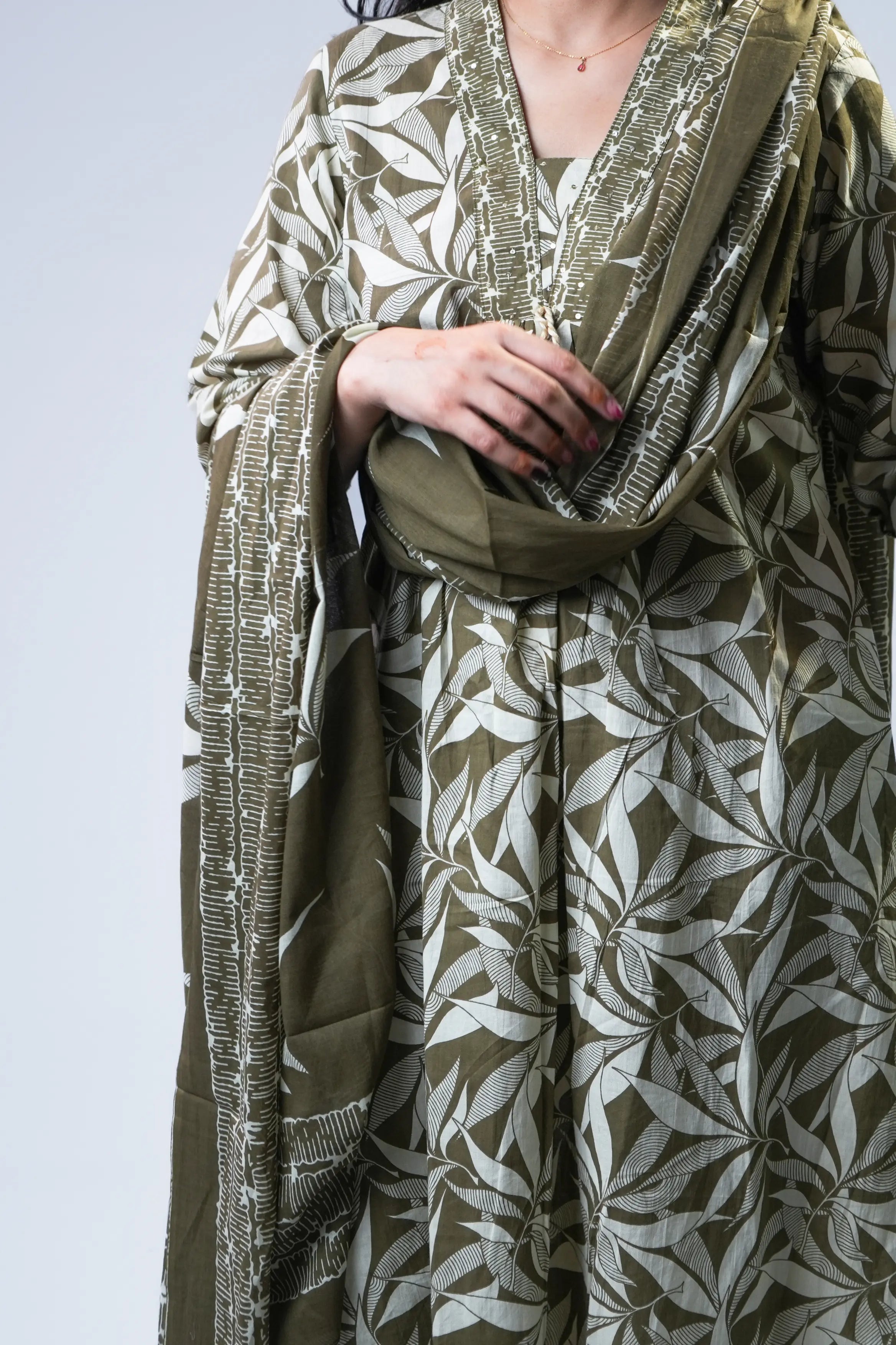 Olive & Cream Leaf Print Anarkali Cotton Kurta Set with Dupatta