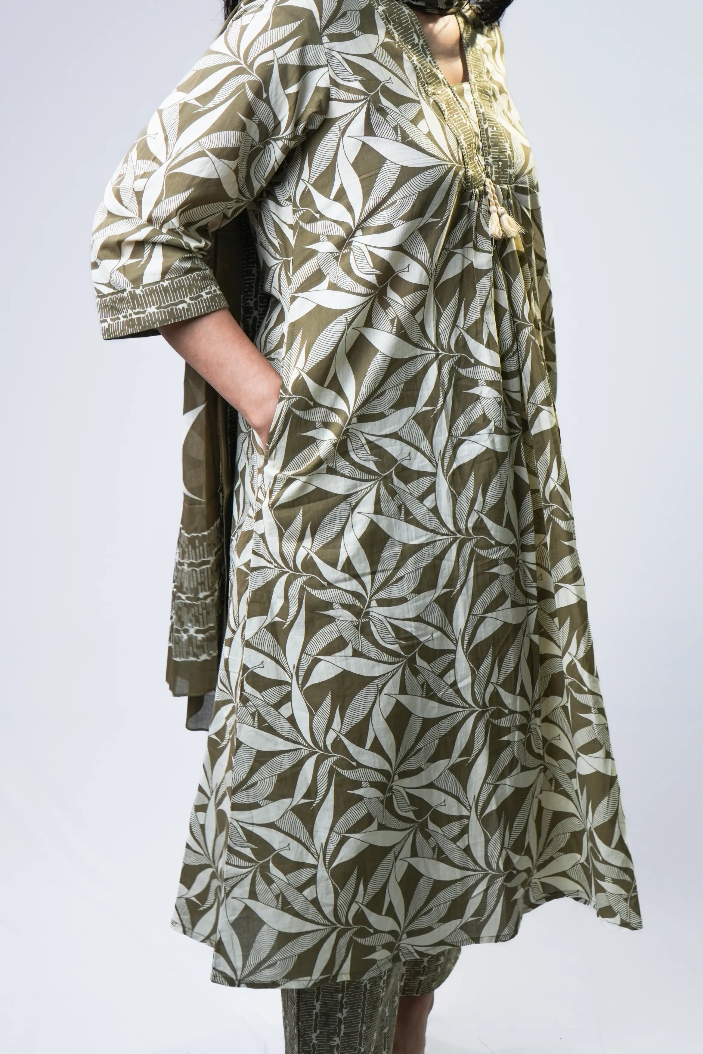 Olive & Cream Leaf Print Anarkali Cotton Kurta Set with Dupatta