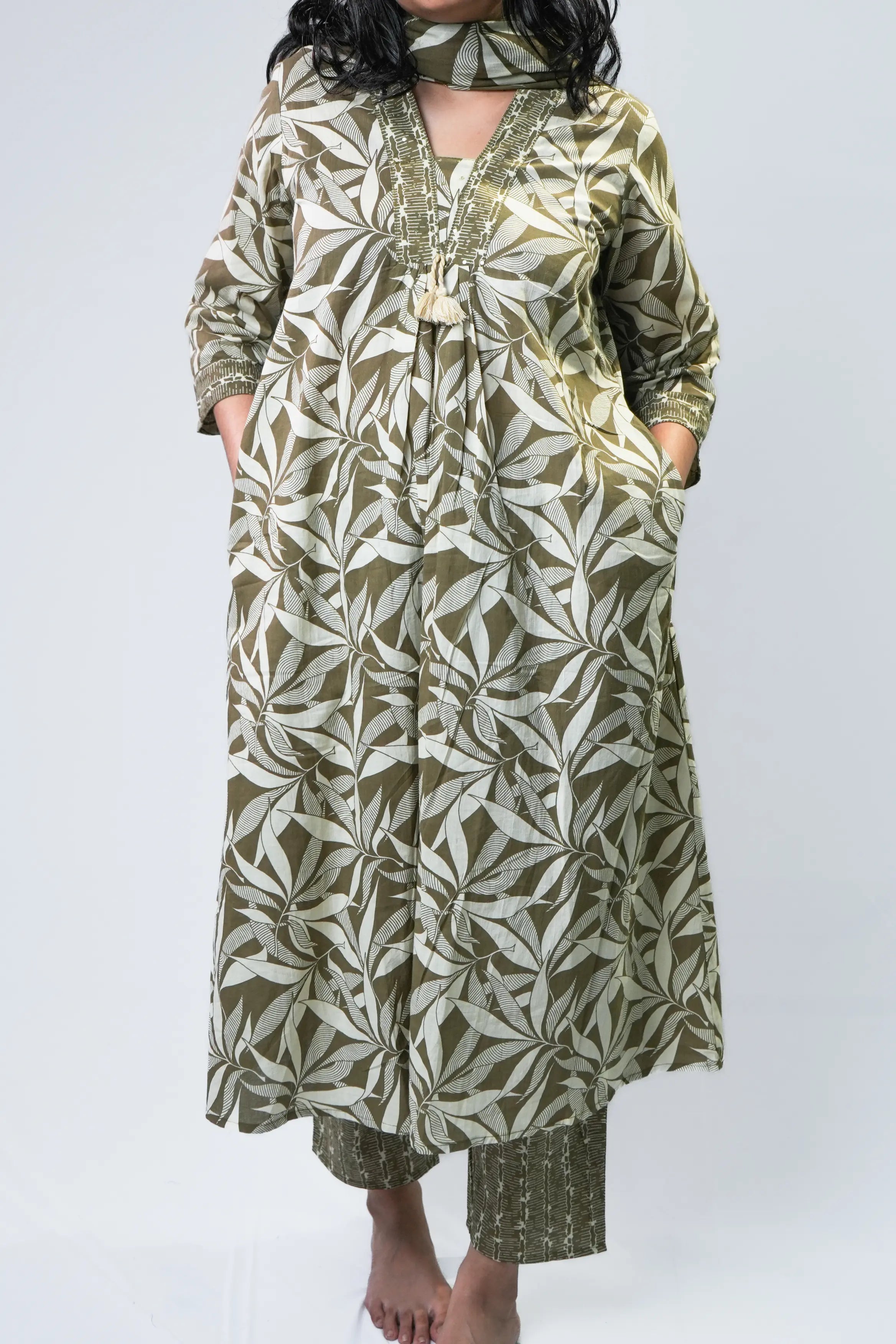 Olive & Cream Leaf Print Anarkali Cotton Kurta Set with Dupatta