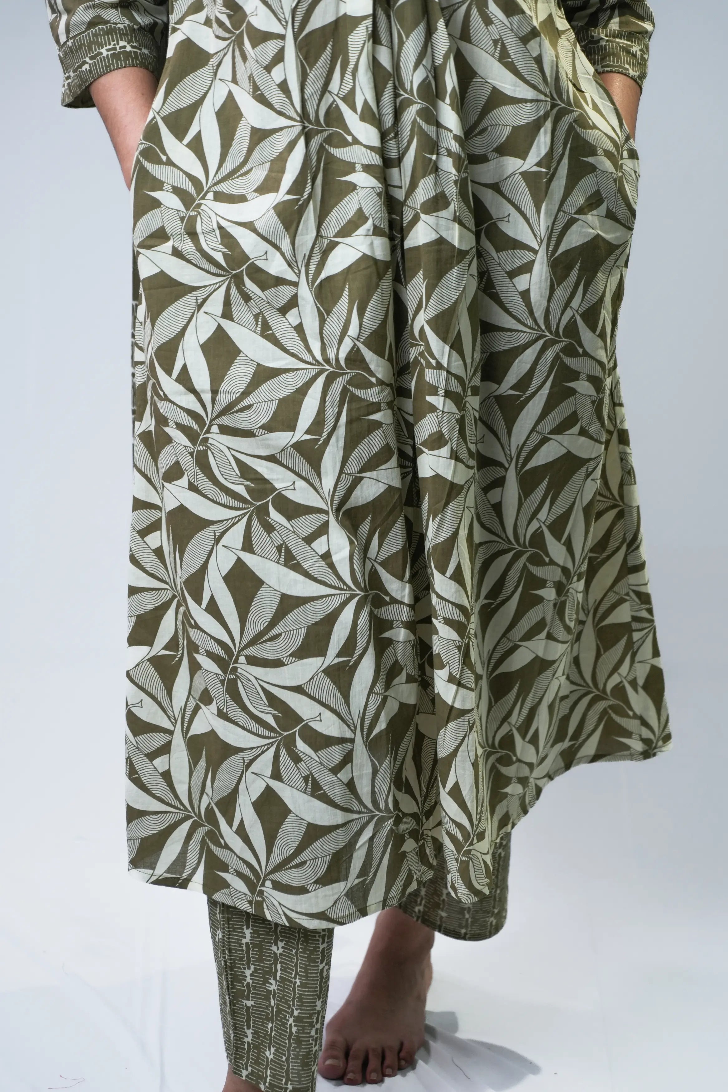 Olive & Cream Leaf Print Anarkali Cotton Kurta Set with Dupatta
