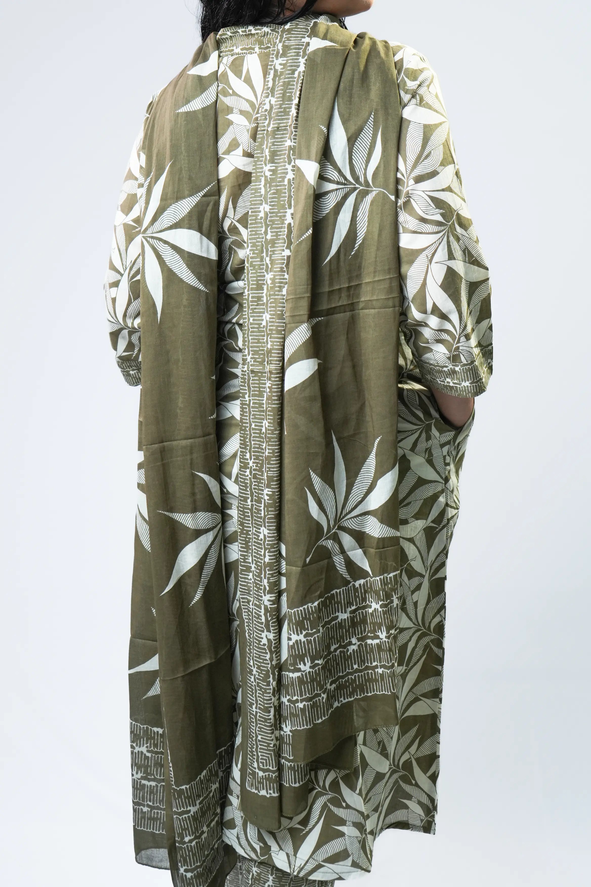 Olive & Cream Leaf Print Anarkali Cotton Kurta Set with Dupatta