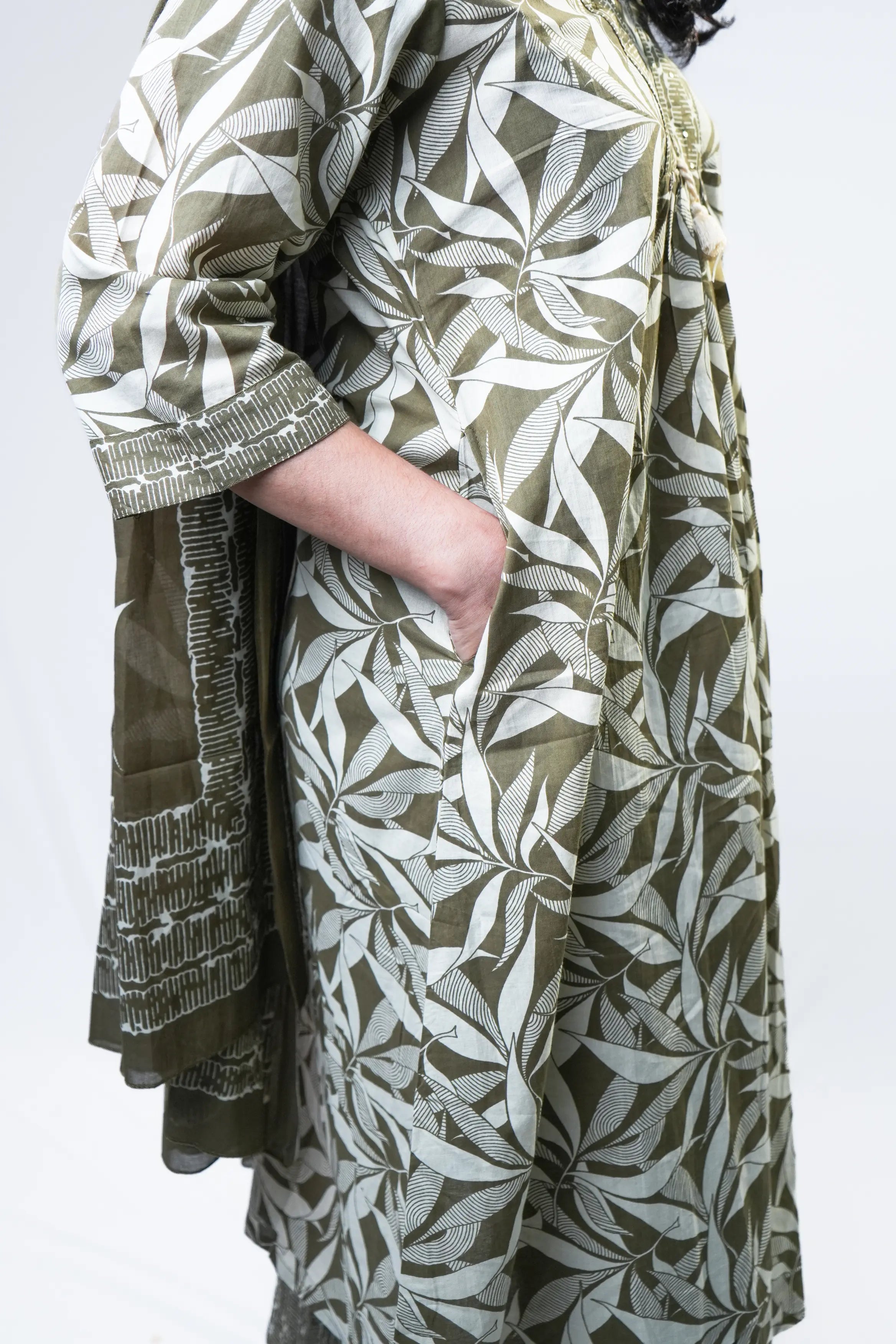 Olive & Cream Leaf Print Anarkali Cotton Kurta Set with Dupatta