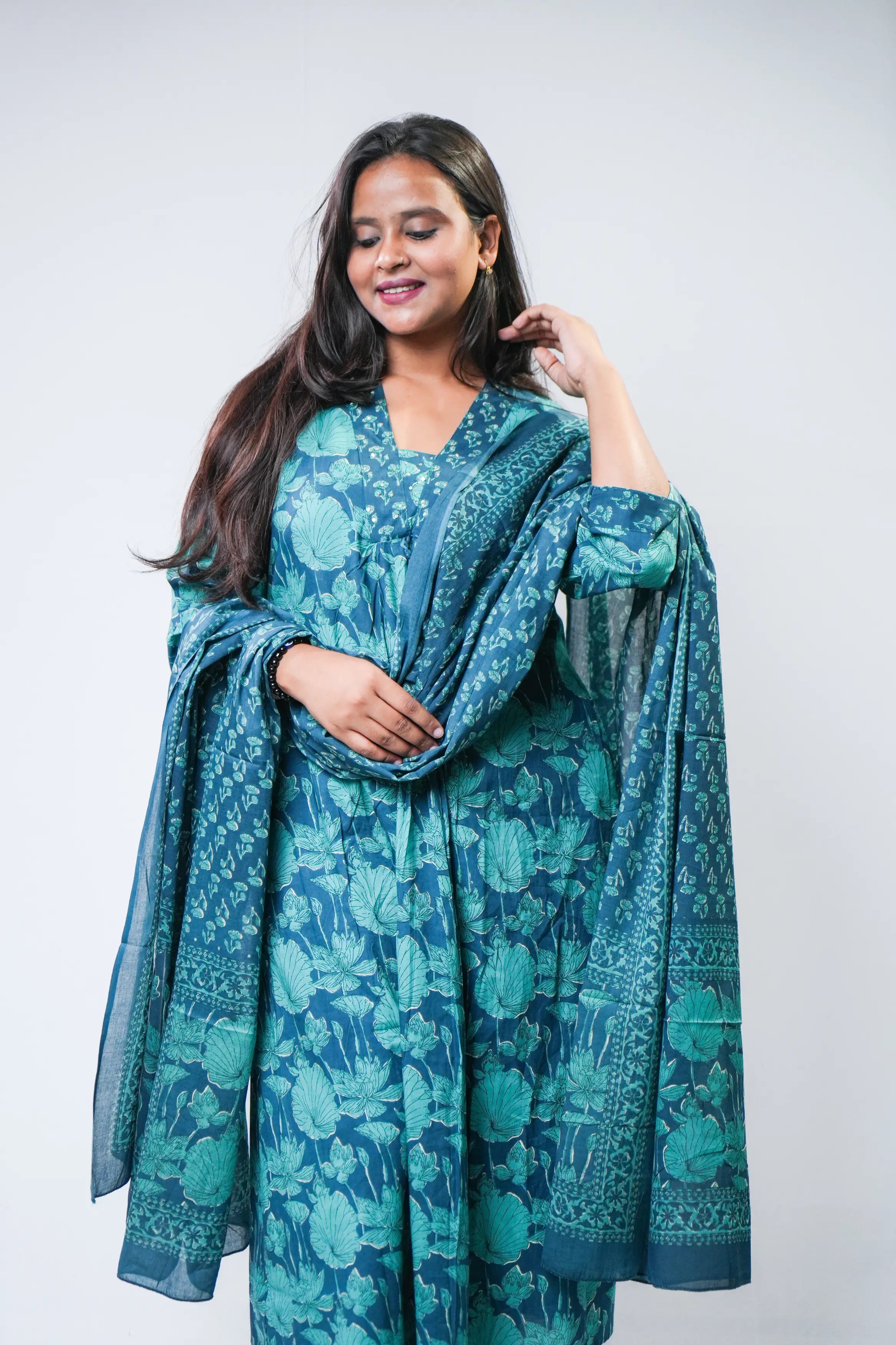 Teal Floral Rayon A-Line Kurta Set with Dupatta
