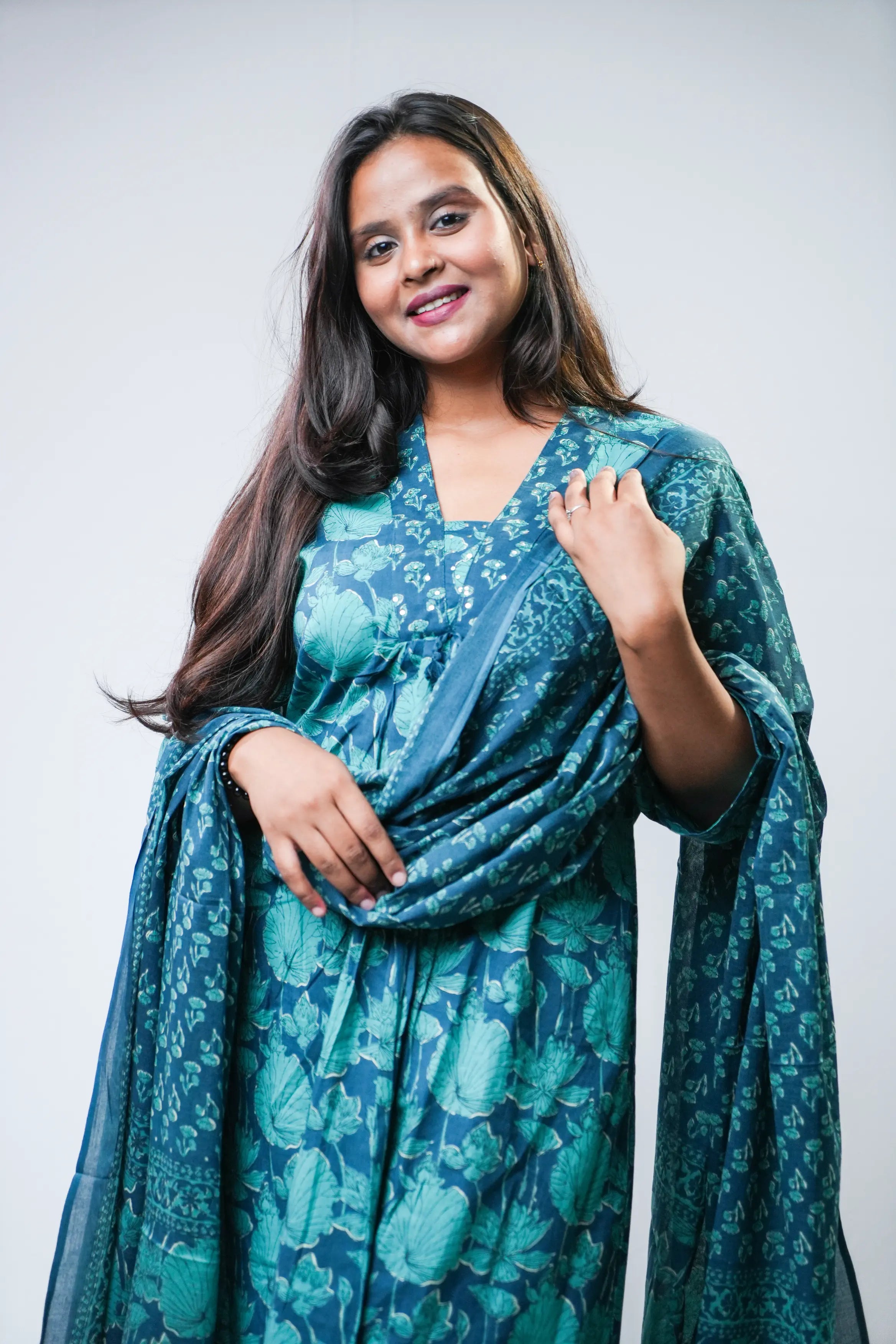 Teal Floral Rayon A-Line Kurta Set with Dupatta