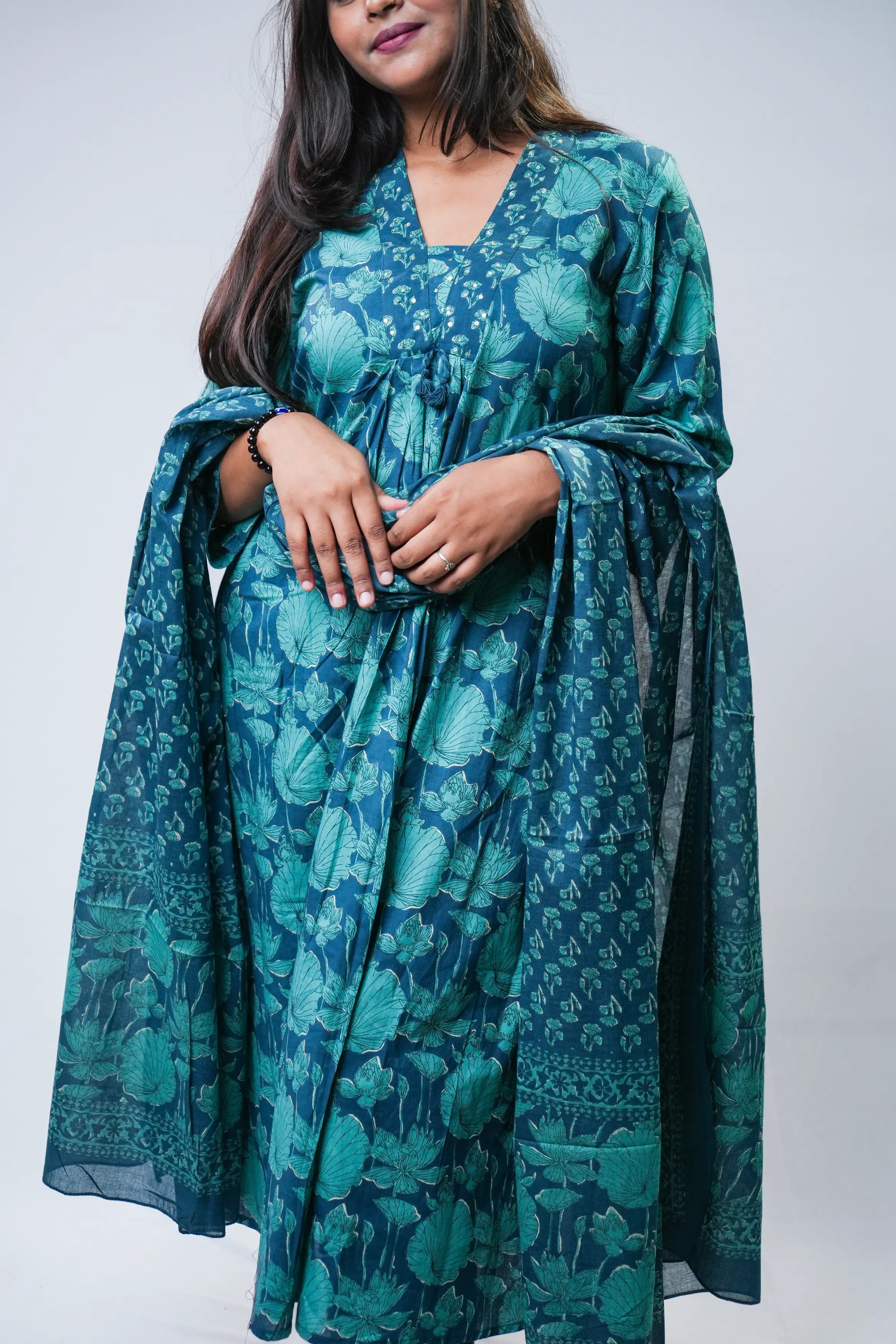 Teal Floral Rayon A-Line Kurta Set with Dupatta