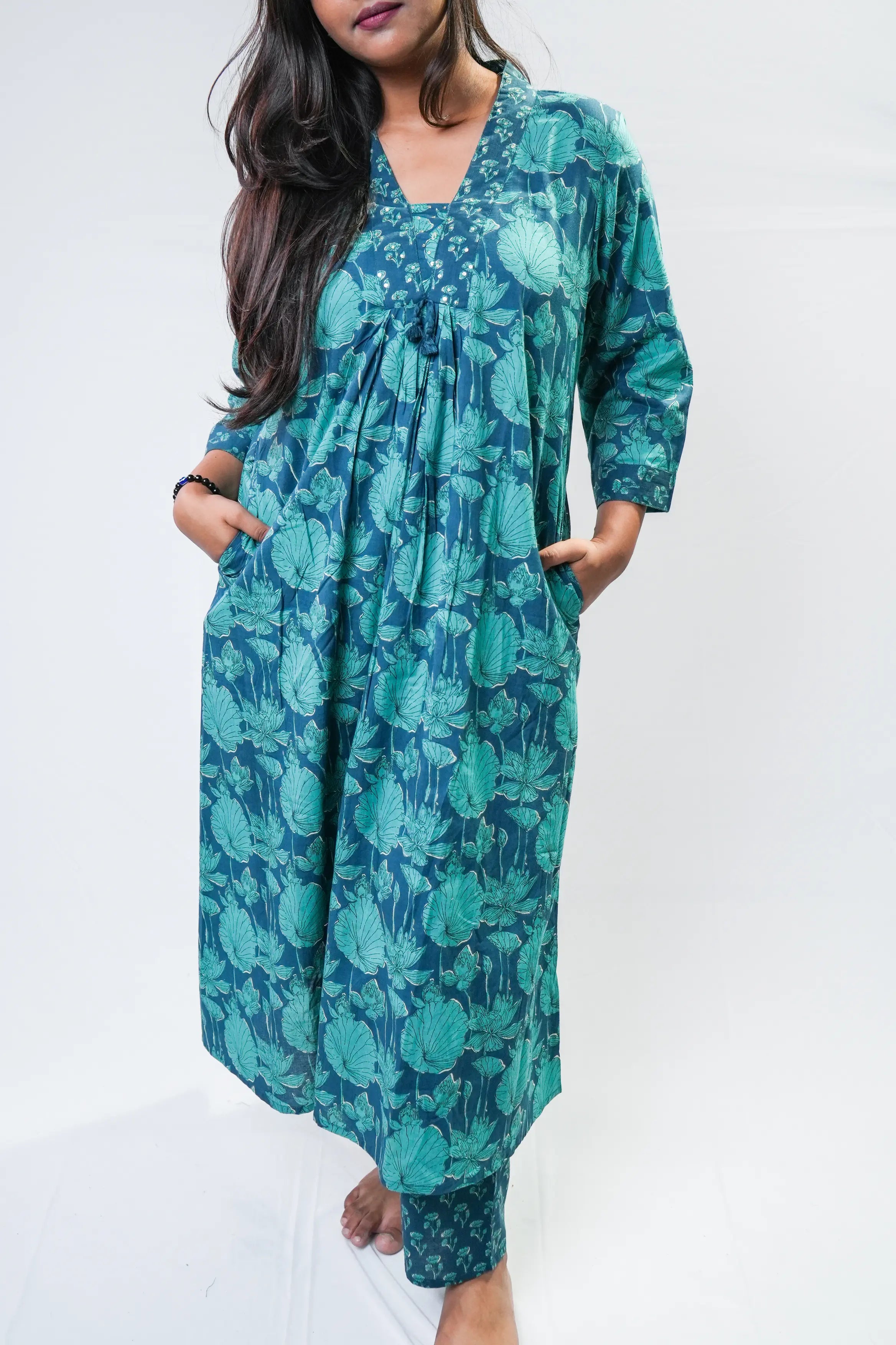 Teal Floral Rayon A-Line Kurta Set with Dupatta