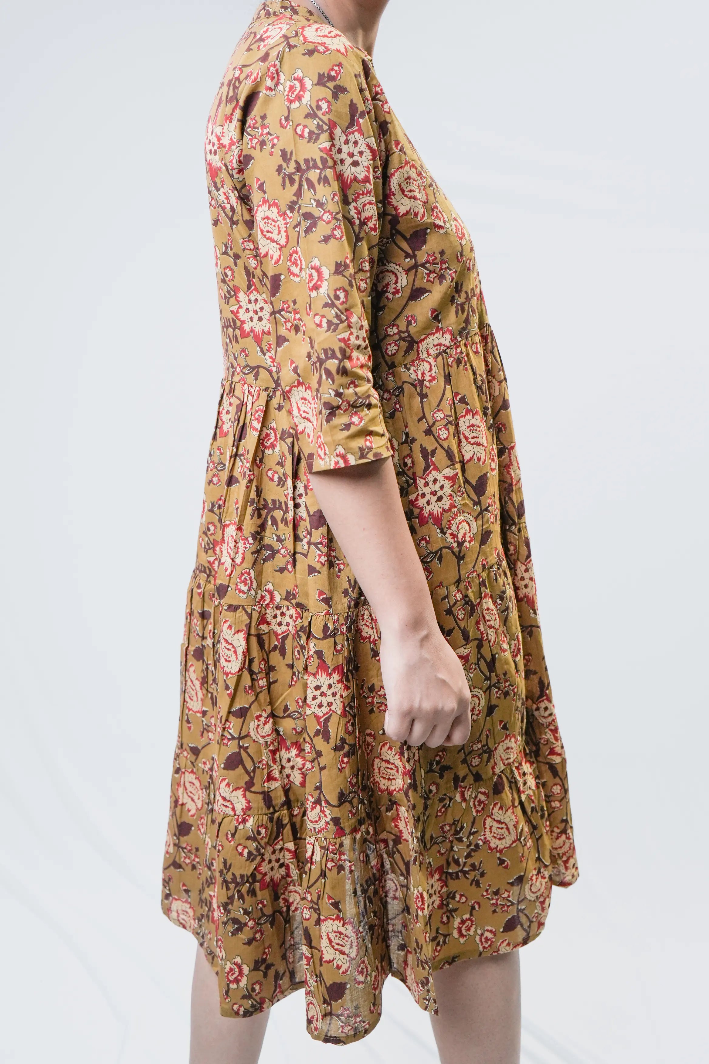 Mustard Floral Cotton Fit & Flare Midi Dress