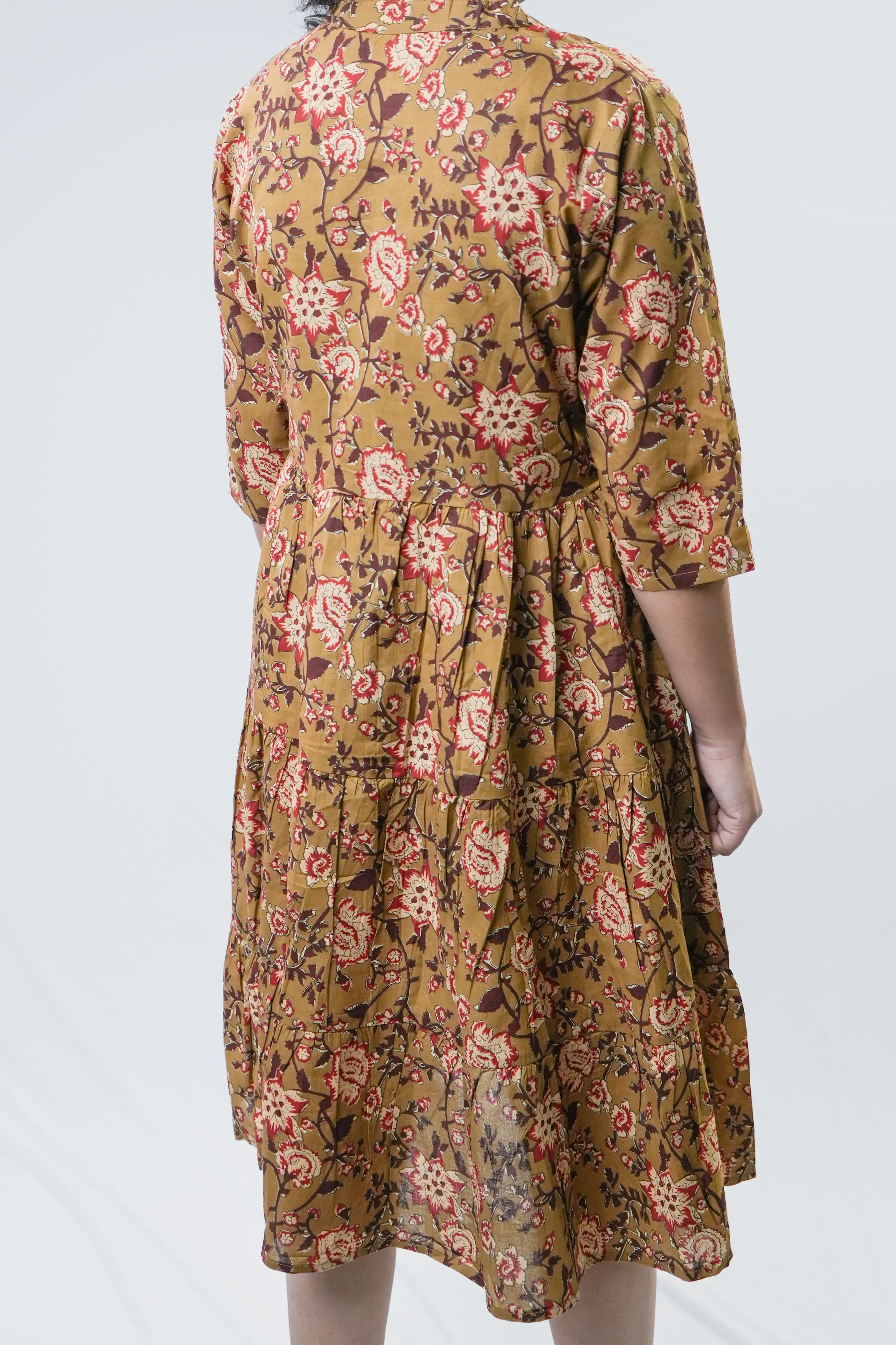 Mustard Floral Cotton Fit & Flare Midi Dress
