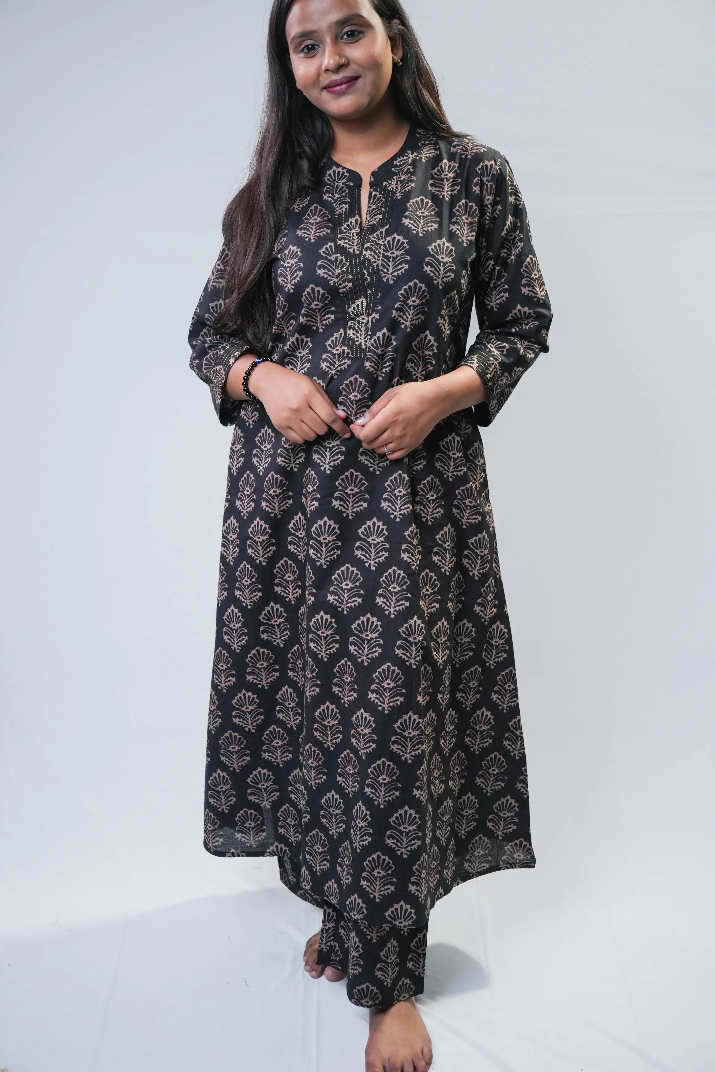 Black Handblock Printed Cotton A-Line Kurta Set