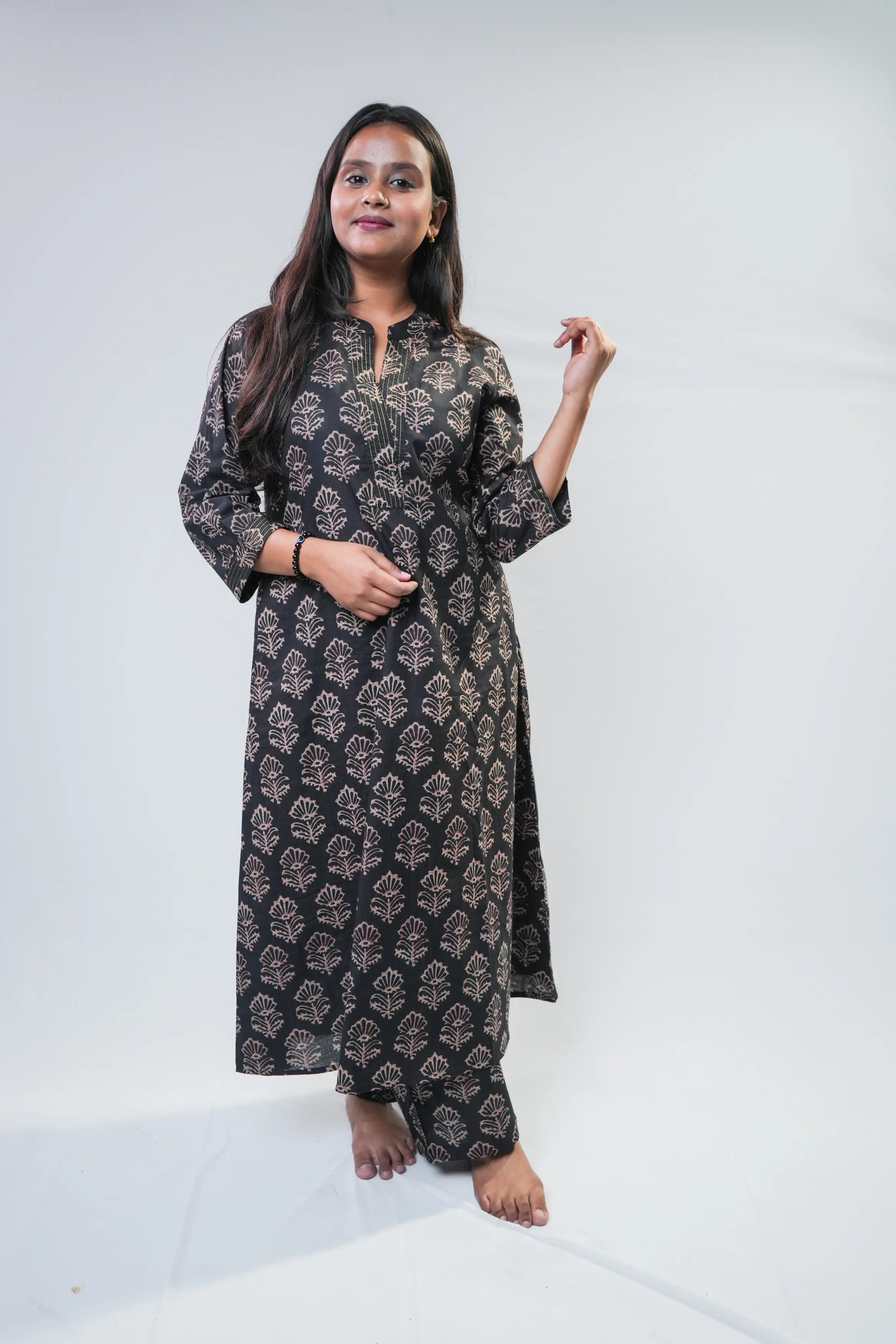 Black Handblock Printed Cotton A-Line Kurta Set