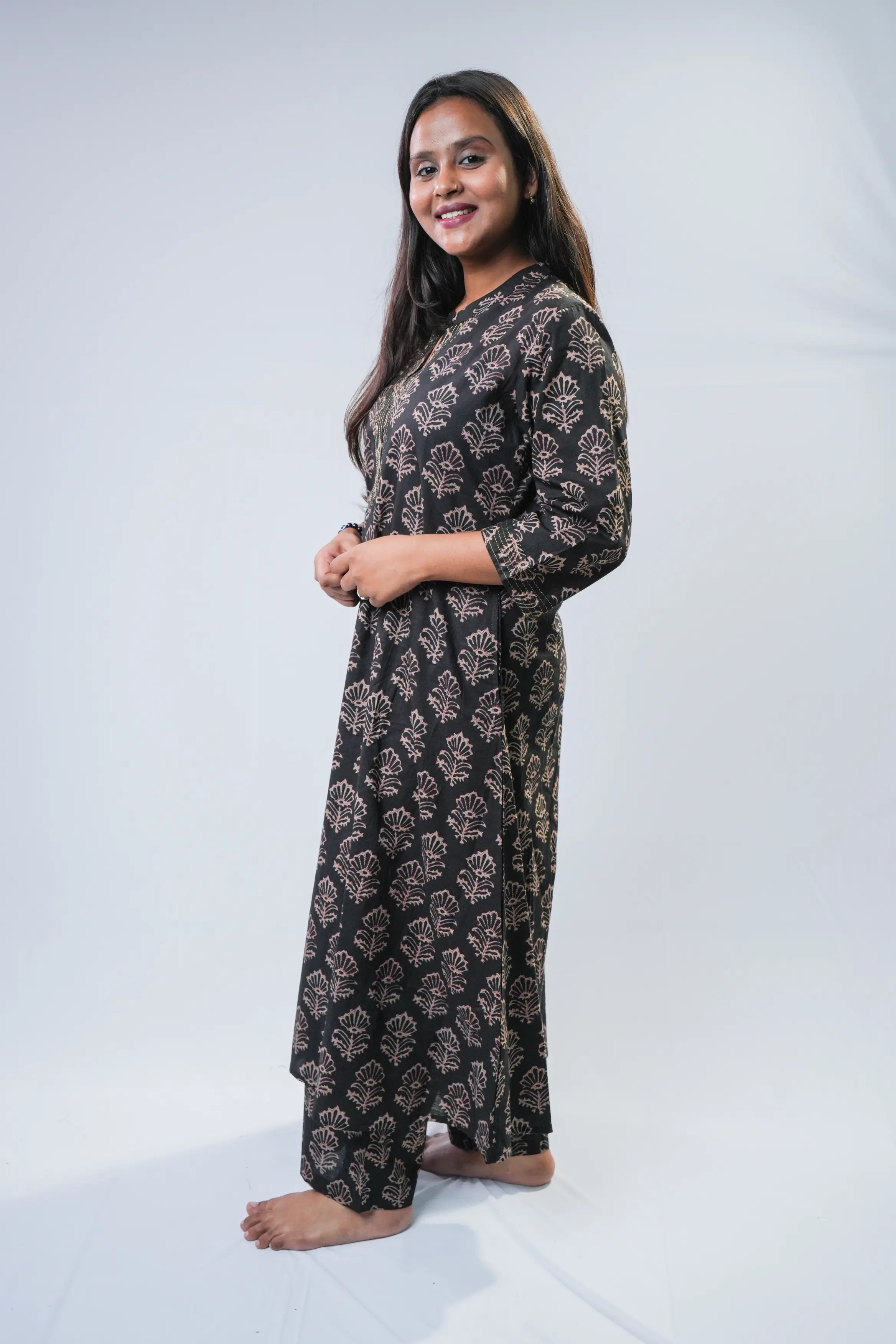 Black Handblock Printed Cotton A-Line Kurta Set