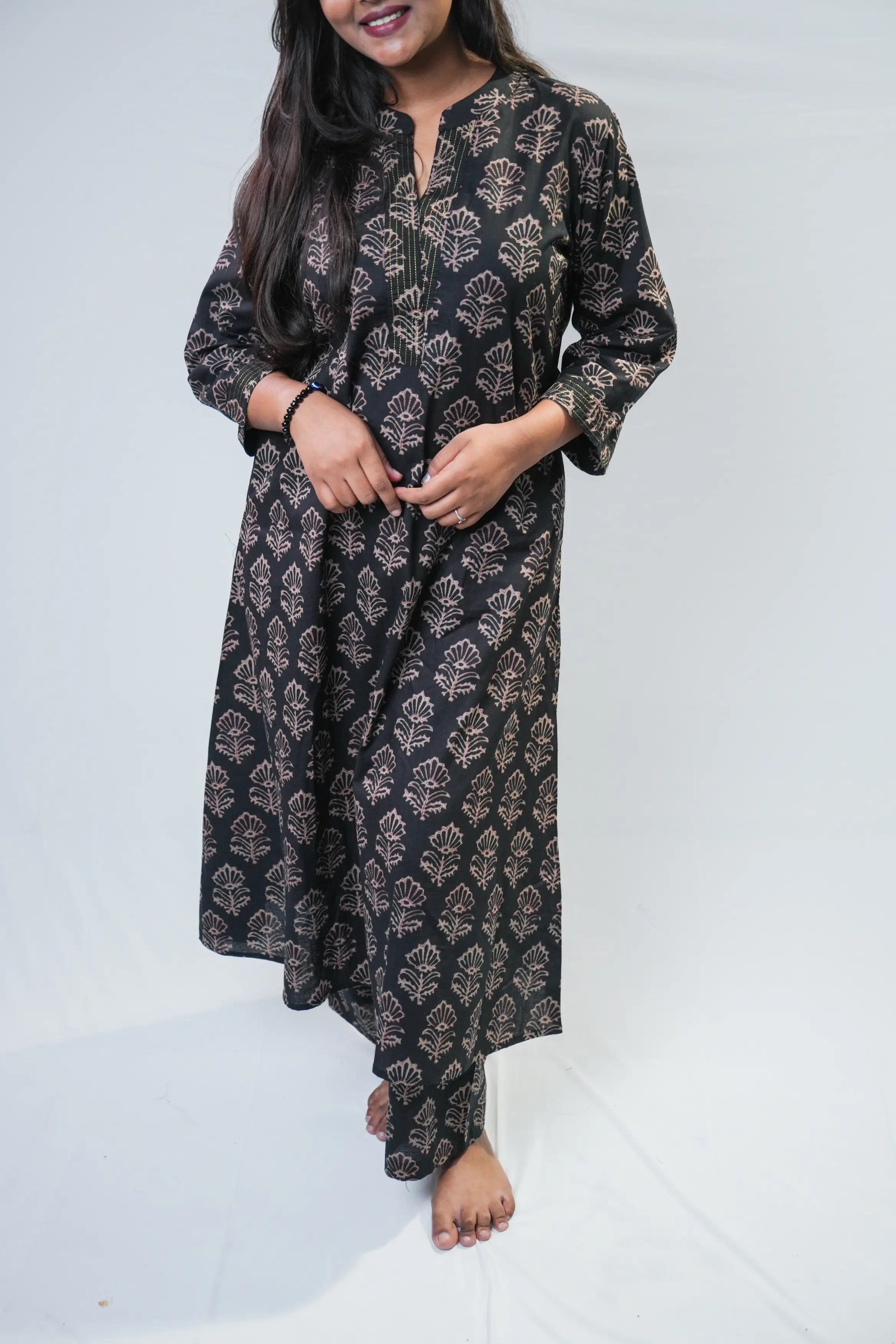 Black Handblock Printed Cotton A-Line Kurta Set