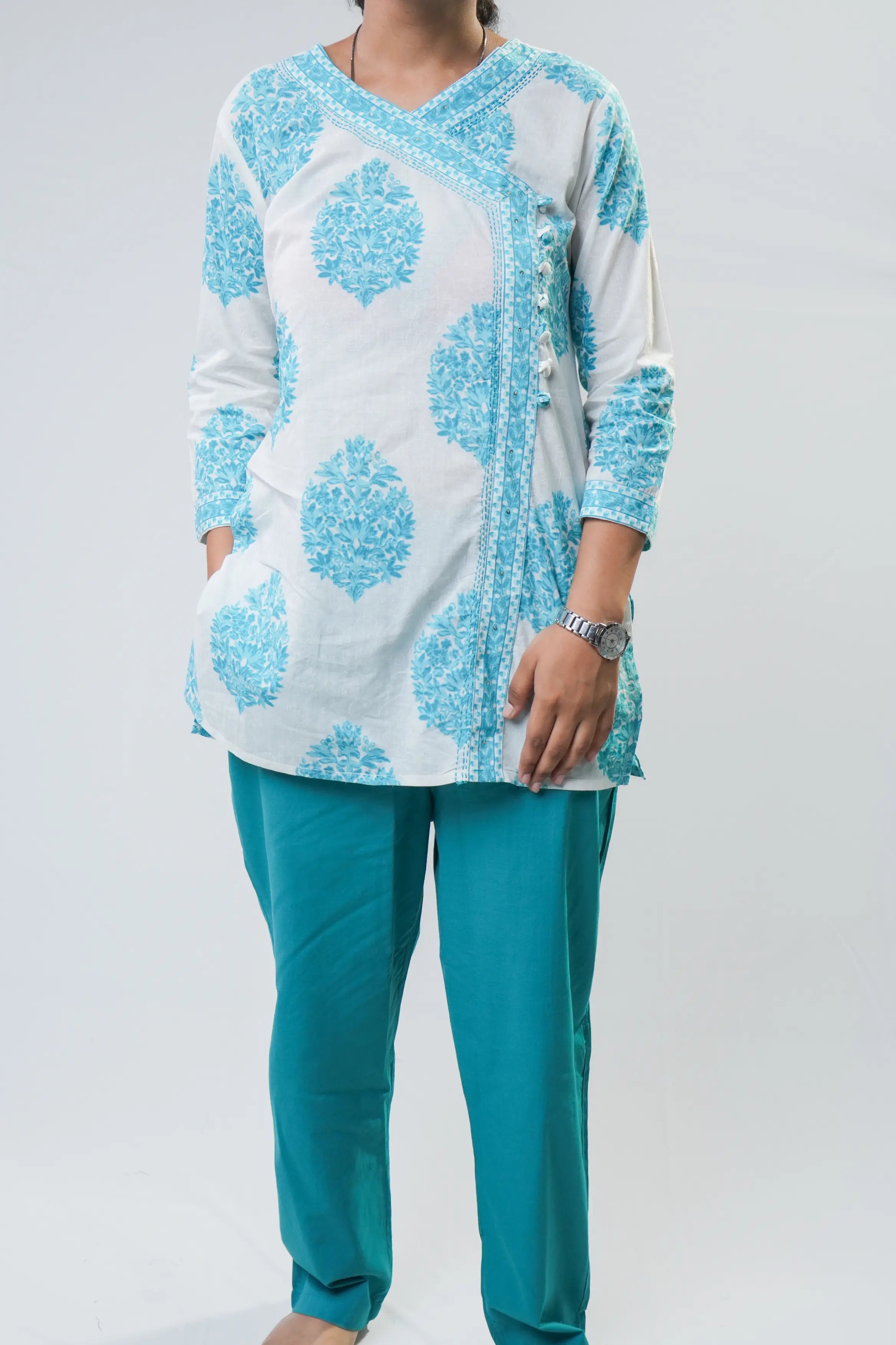 Aqua Blue Printed Cotton Short Kurta with Pants