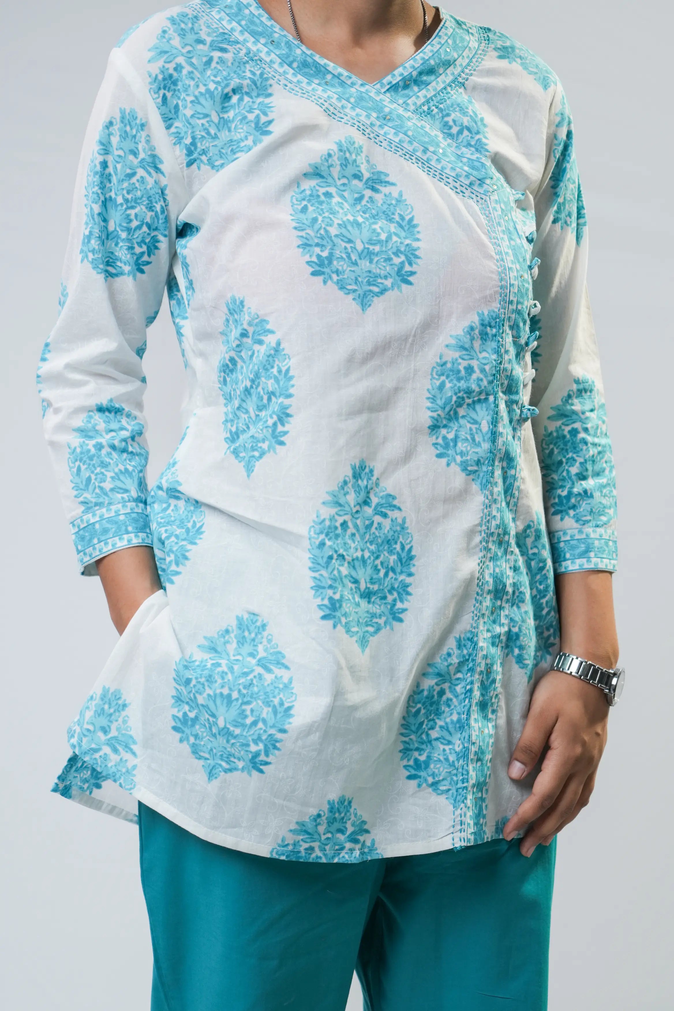 Aqua Blue Printed Cotton Short Kurta with Pants