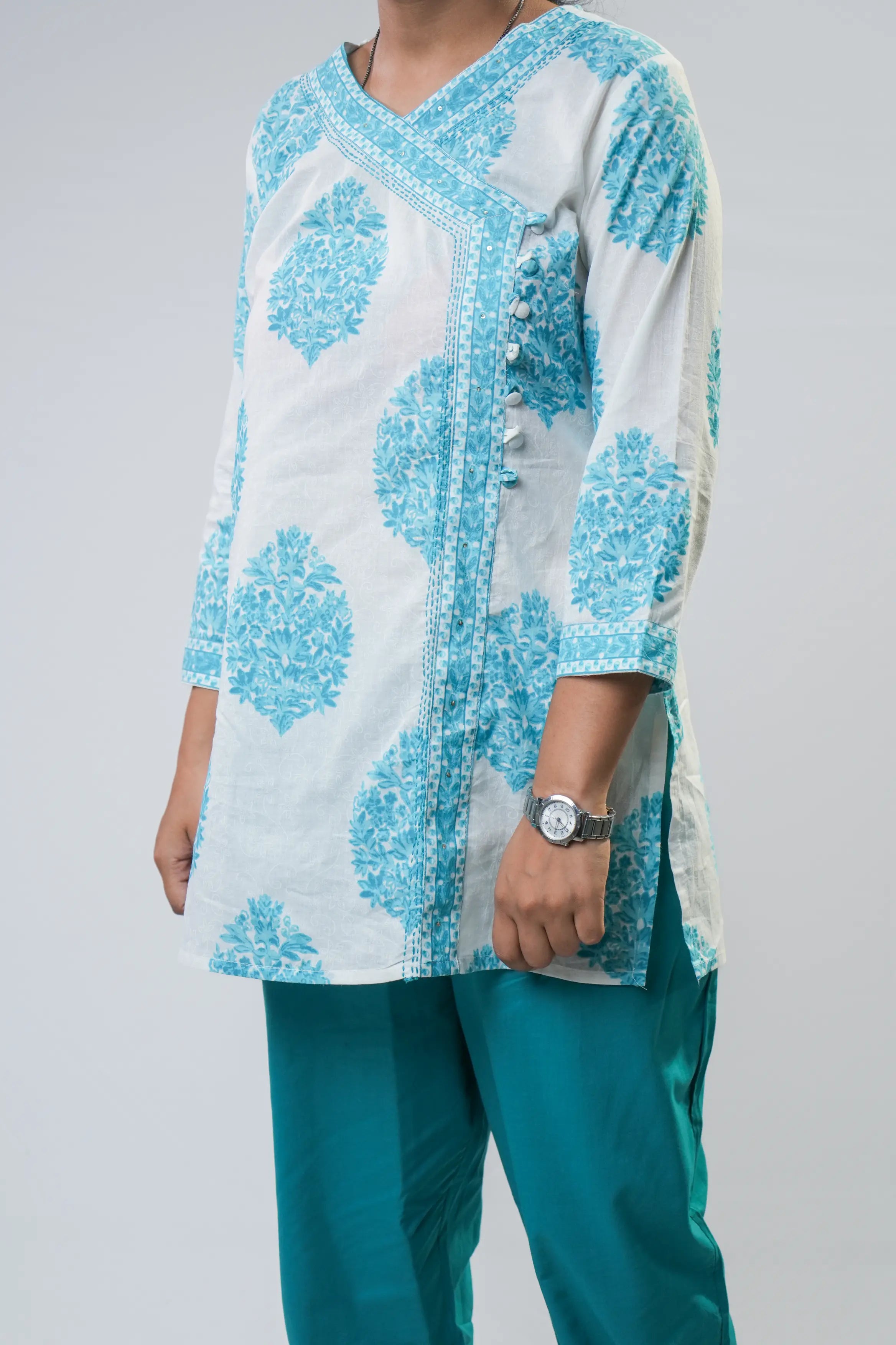 Aqua Blue Printed Cotton Short Kurta with Pants