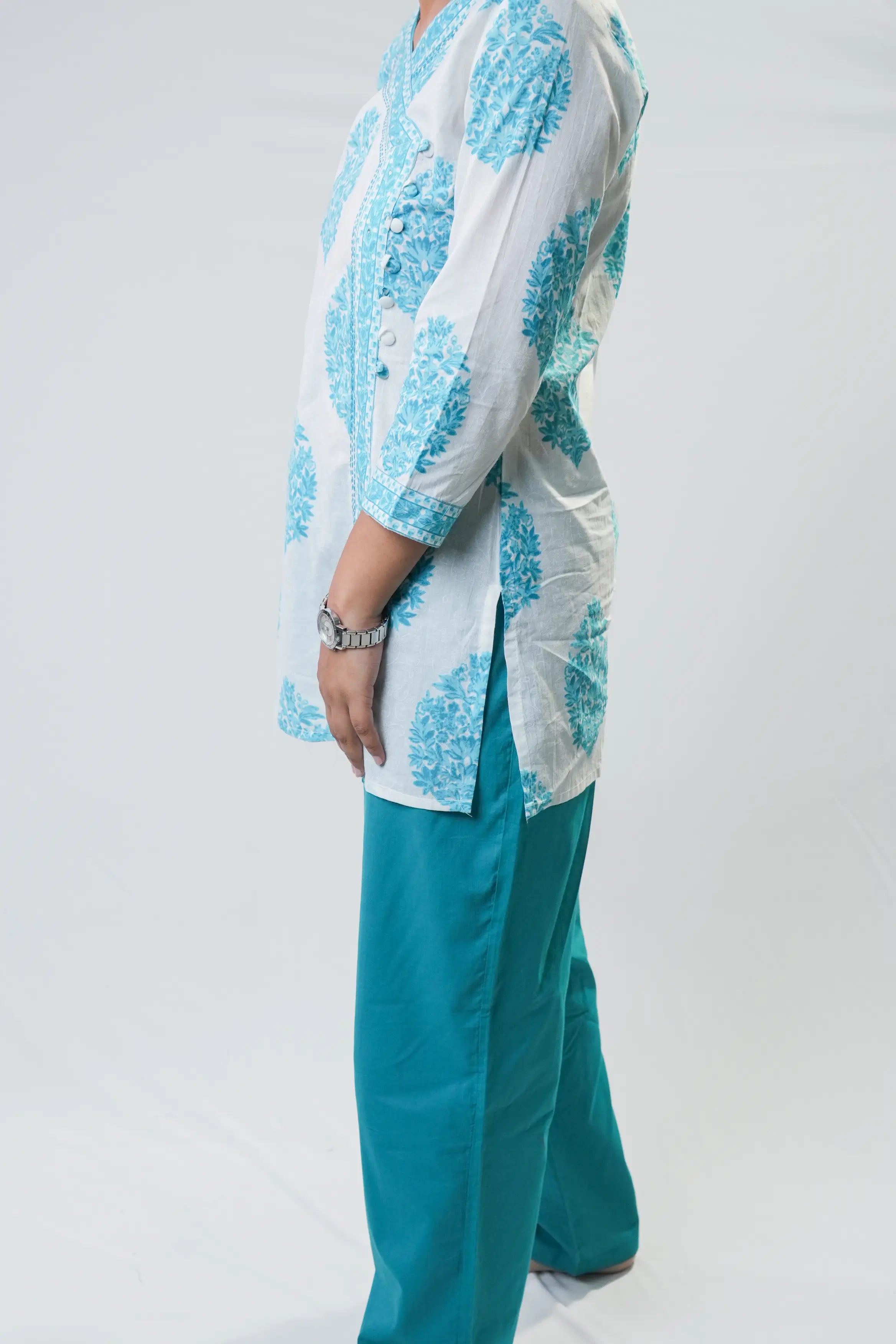 Aqua Blue Printed Cotton Short Kurta with Pants