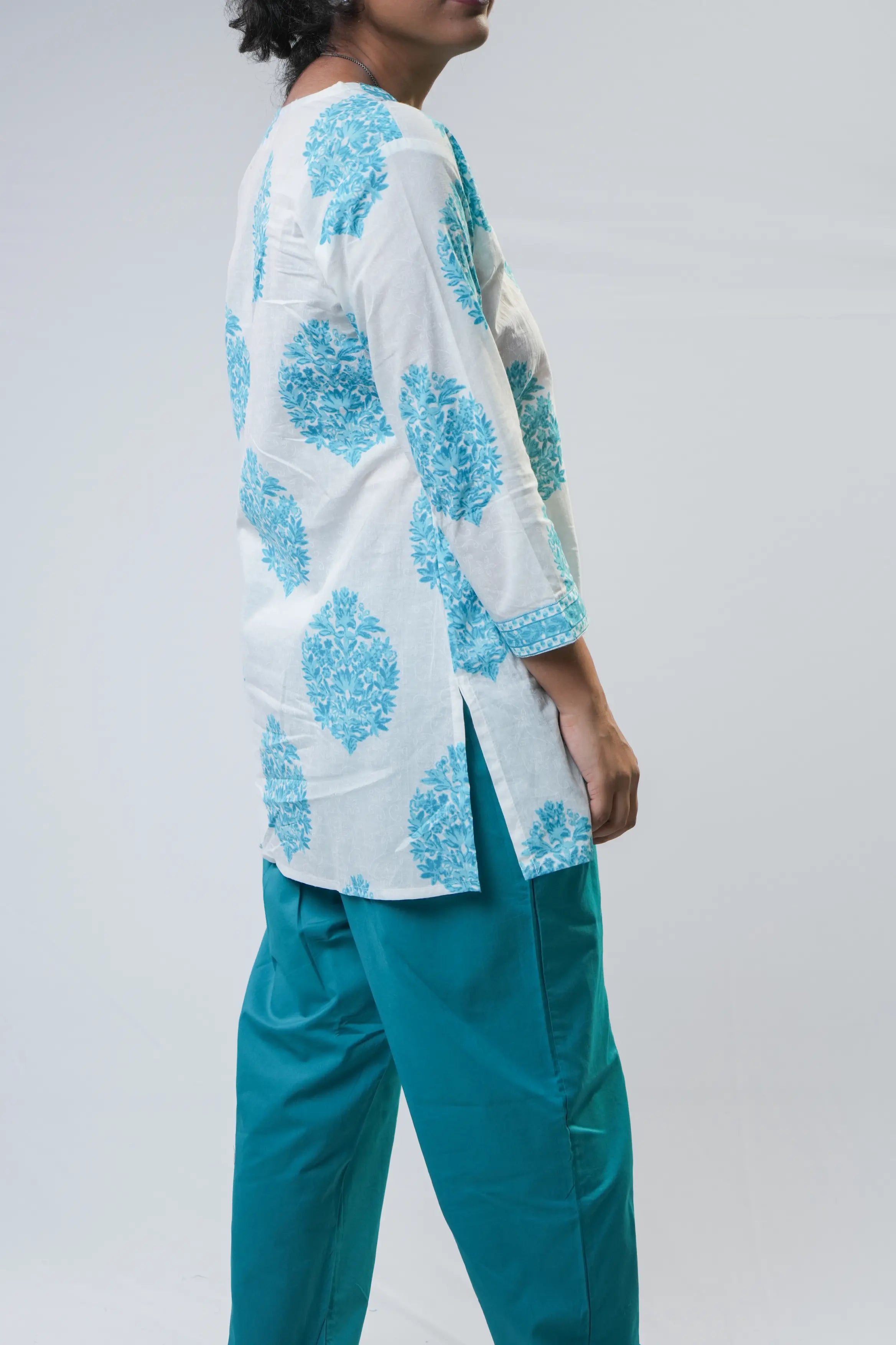 Aqua Blue Printed Cotton Short Kurta with Pants