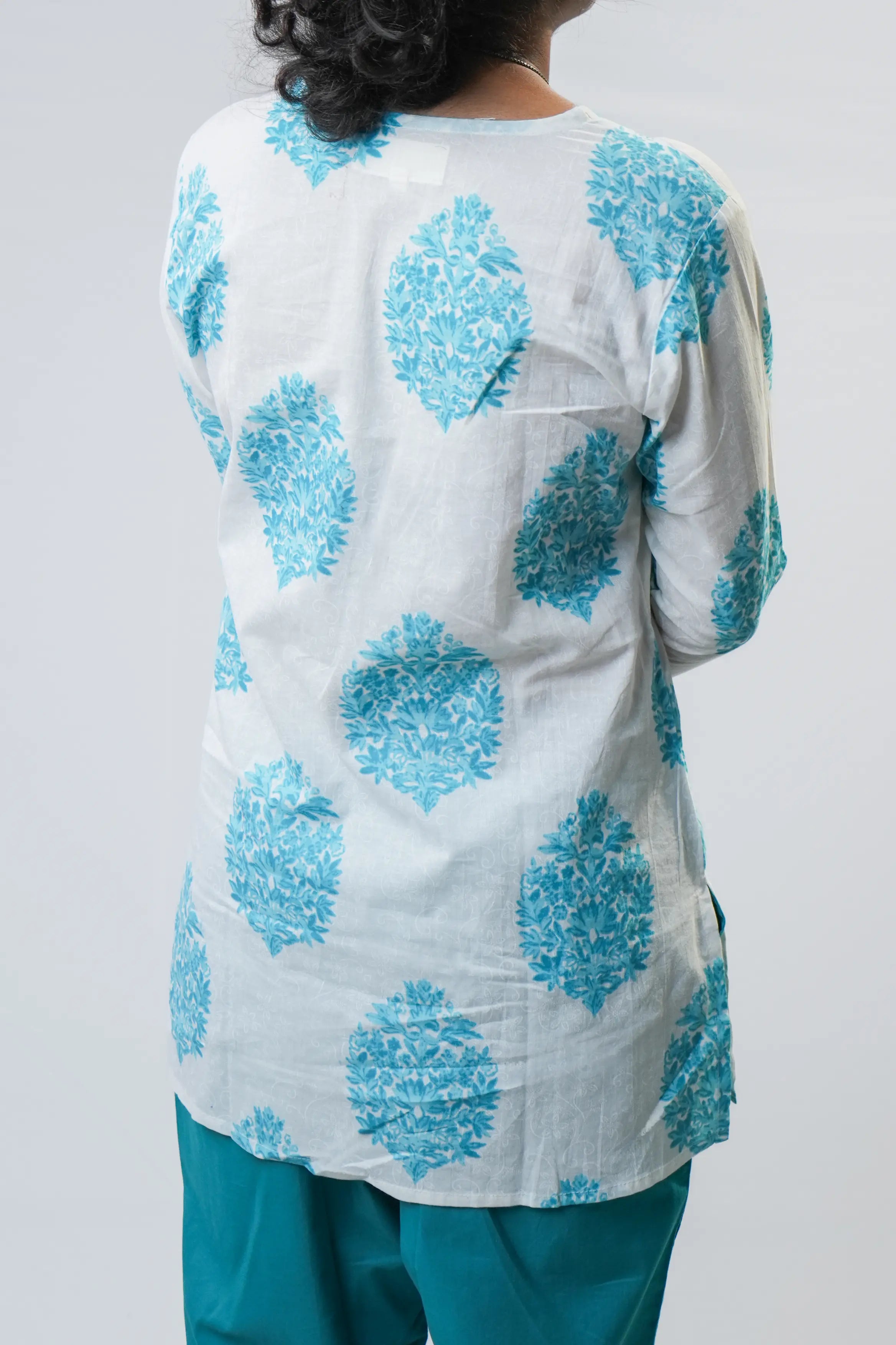 Aqua Blue Printed Cotton Short Kurta with Pants