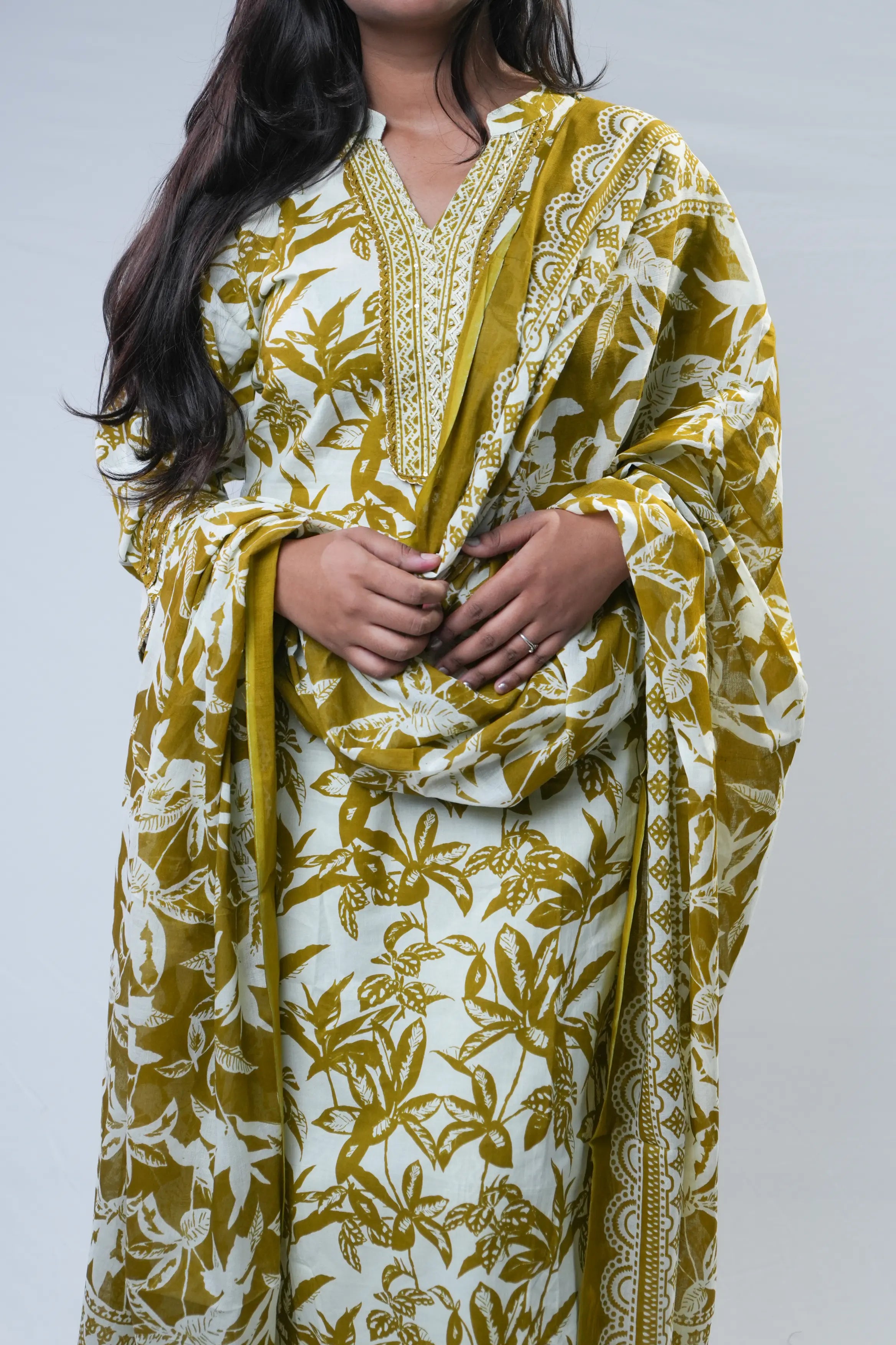 Mustard Floral Cotton Straight Kurta Set with Dupatta