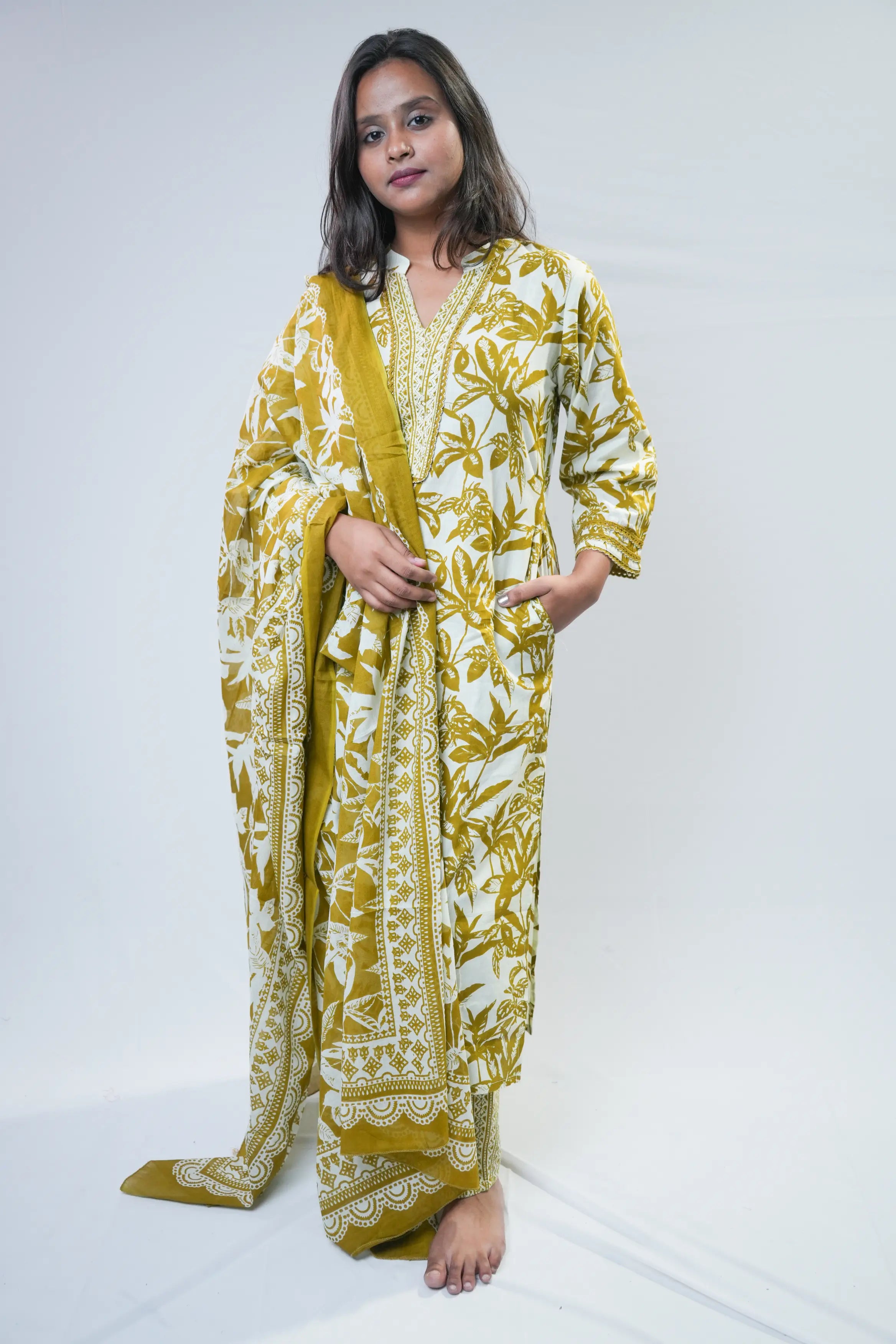 Mustard Floral Cotton Straight Kurta Set with Dupatta