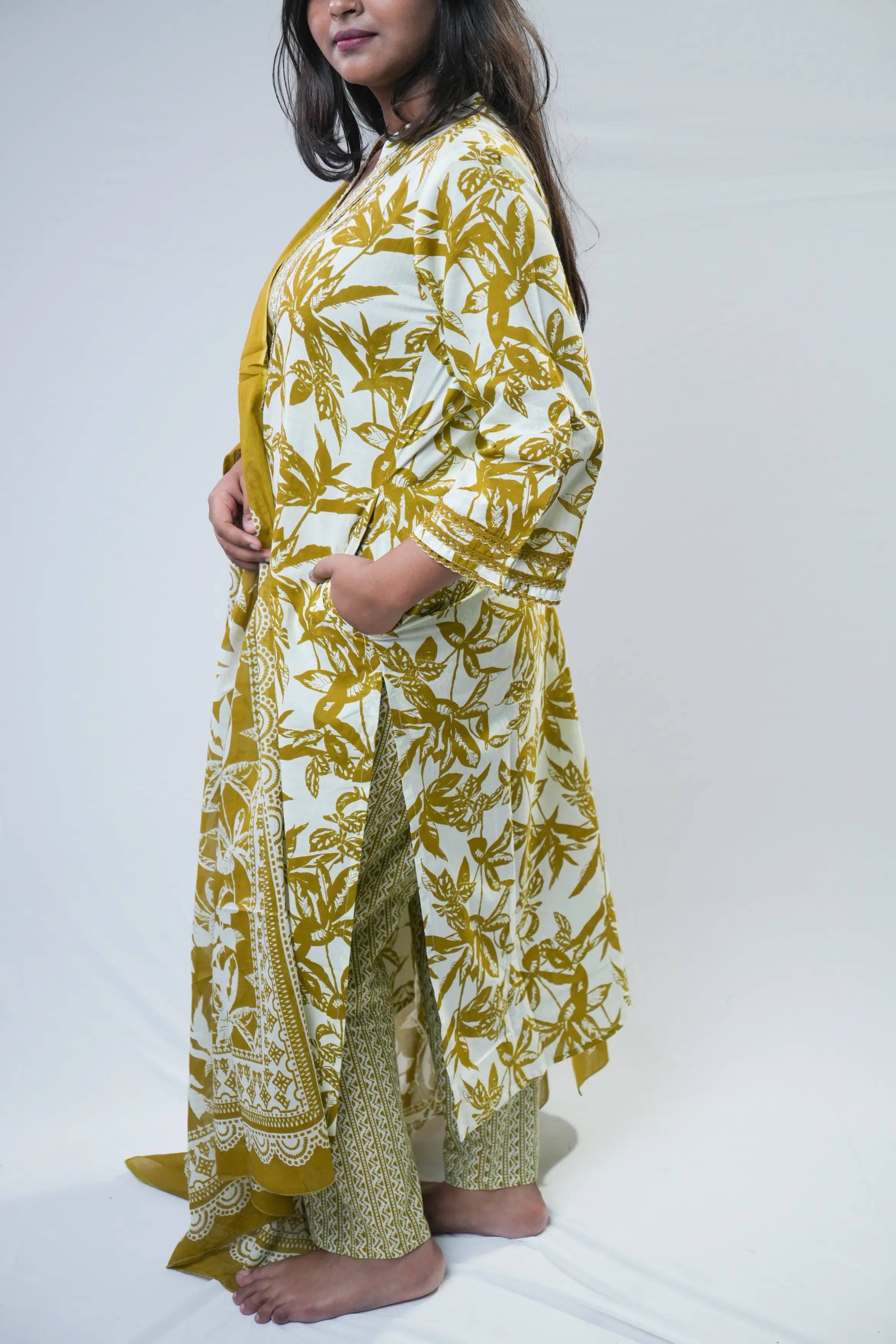 Mustard Floral Cotton Straight Kurta Set with Dupatta