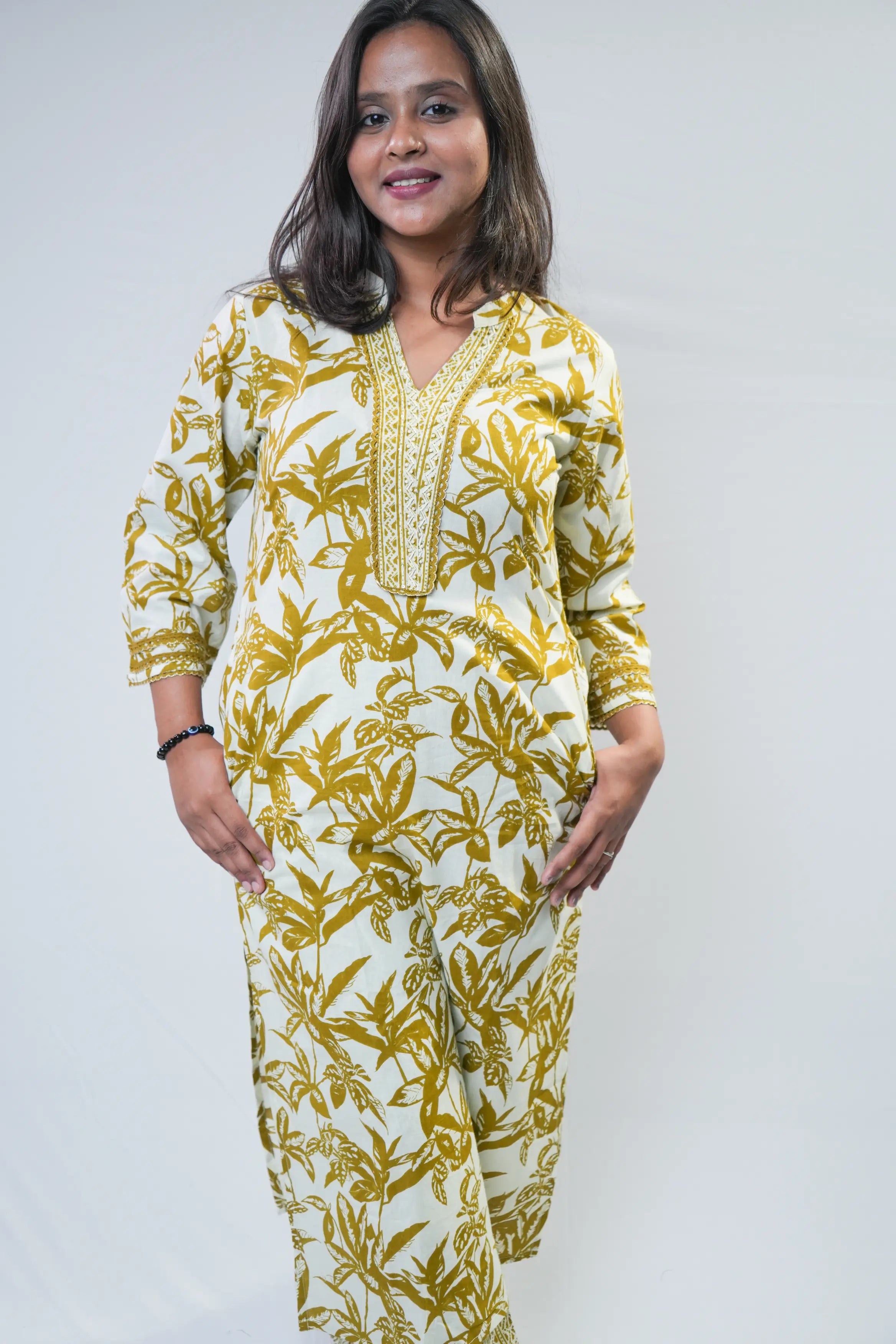 Mustard Floral Cotton Straight Kurta Set with Dupatta
